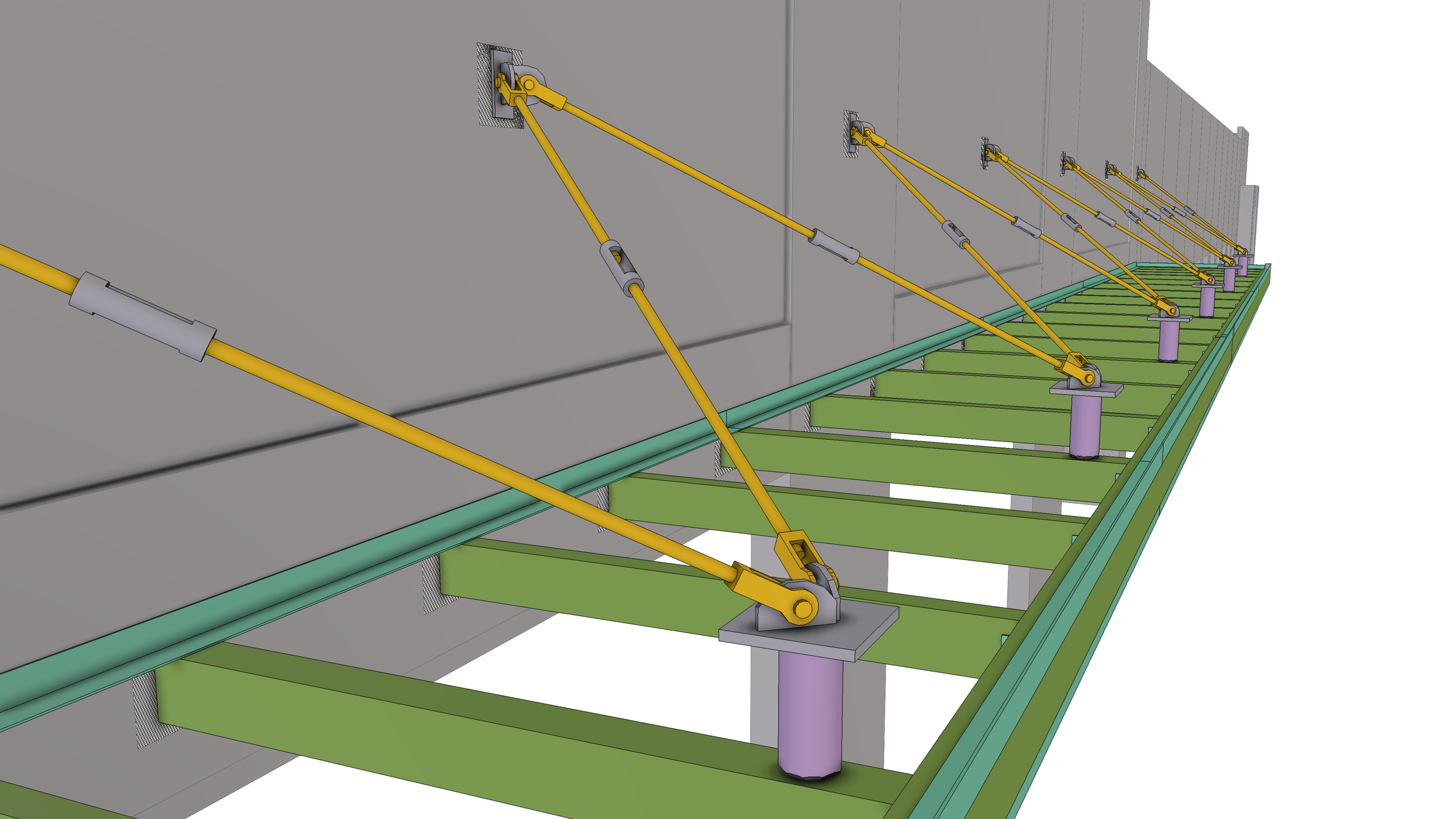 3D rendering of a suspended platform with yellow articulating arm supports attached to a large gray wall or structure, green horizontal beams below, and purple vertical supports.