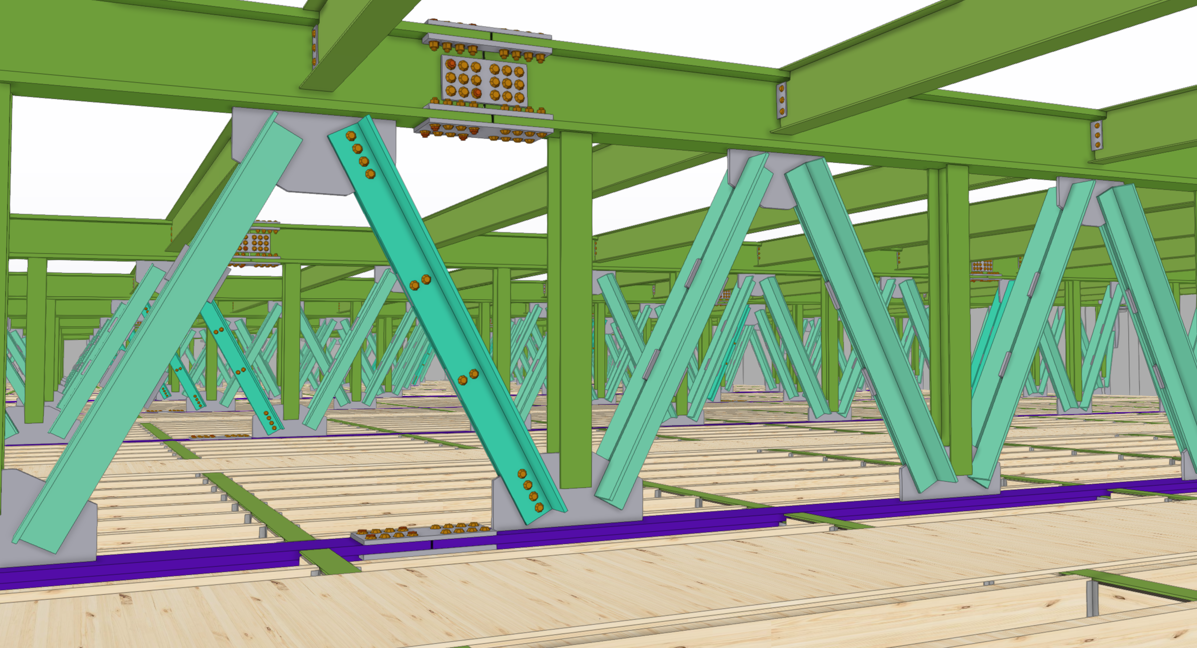 A digital rendering of a building under construction frame showing green steel beams, blue diagonal braces, and temporary supports on a wooden floor structure.