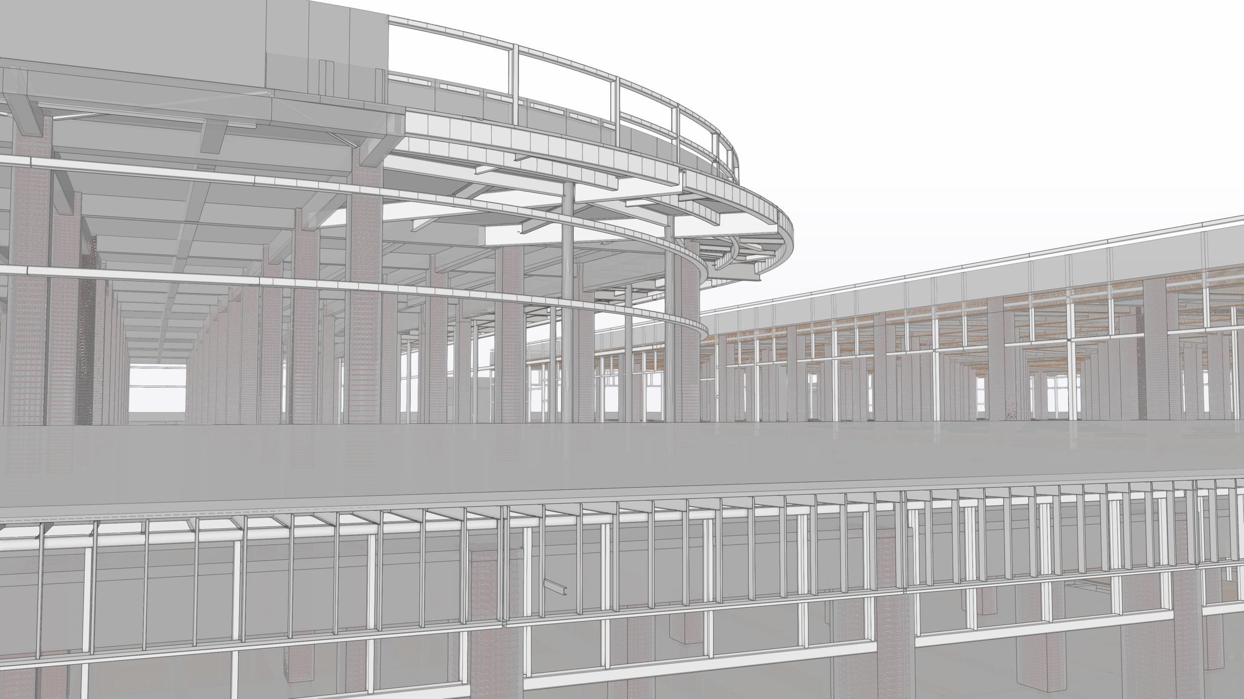 A digital architectural rendering of a multi-story building with open, structural frameworks, multiple floors with circular and rectangular elements, large support columns, and railings, depicted in a gray scale with some brick texture.