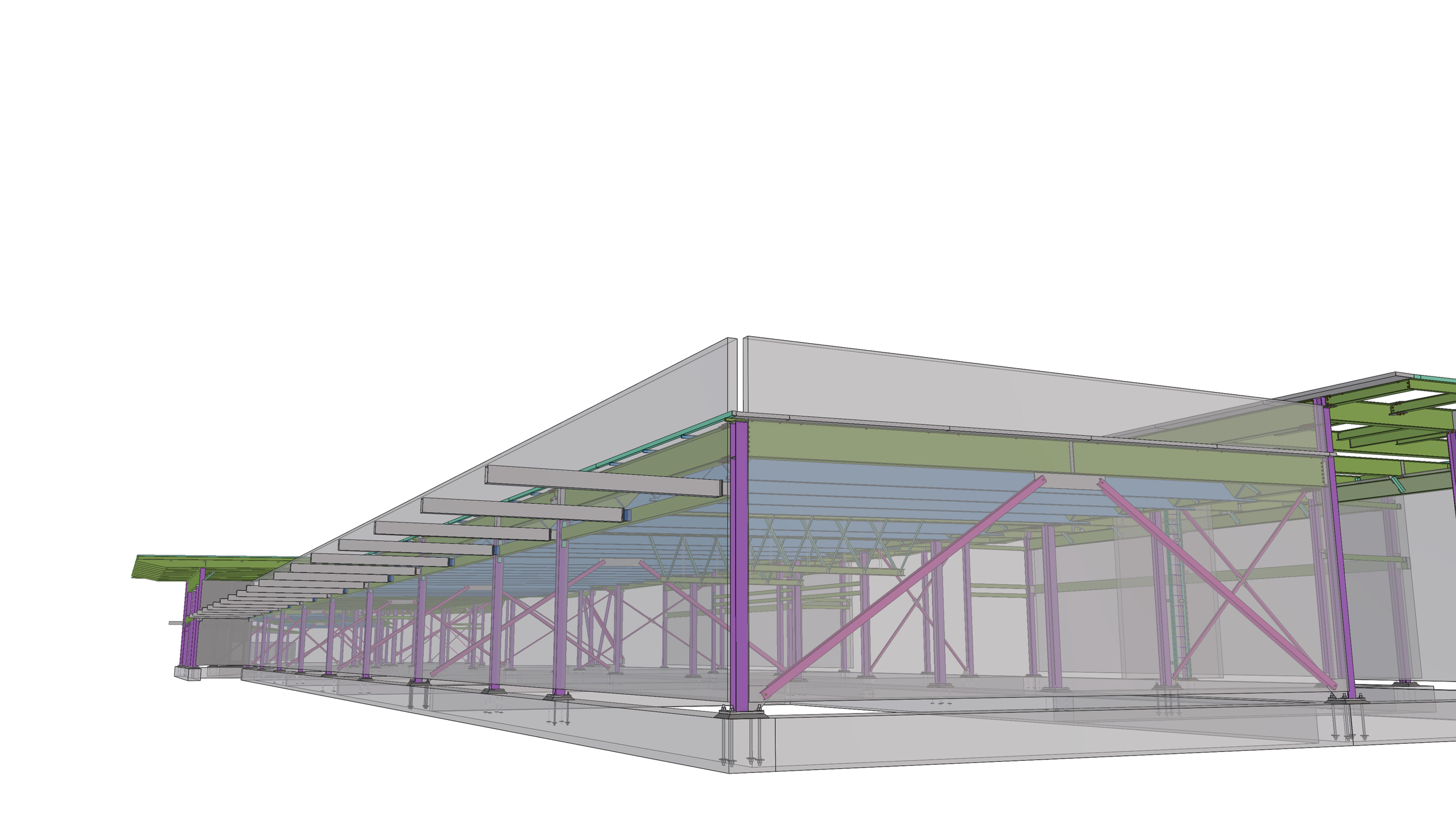 Structural digital model of a building with multicolored framework and angled supports.