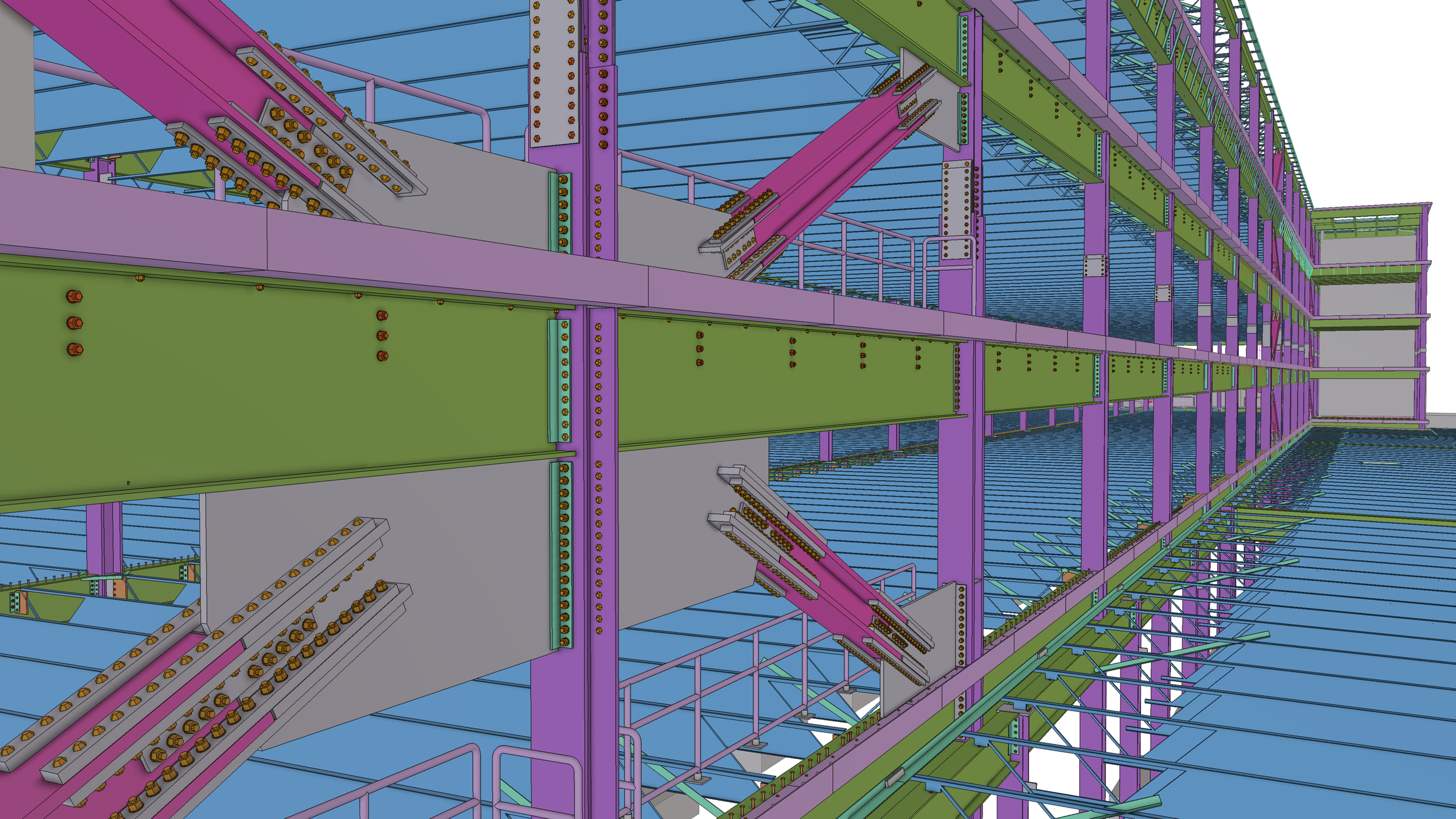 3D digital rendering of a multilevel steel construction site with steel beams, girders, and support structures in purple, green, gray, and blue, showing beams, bolts, and scaffolding.