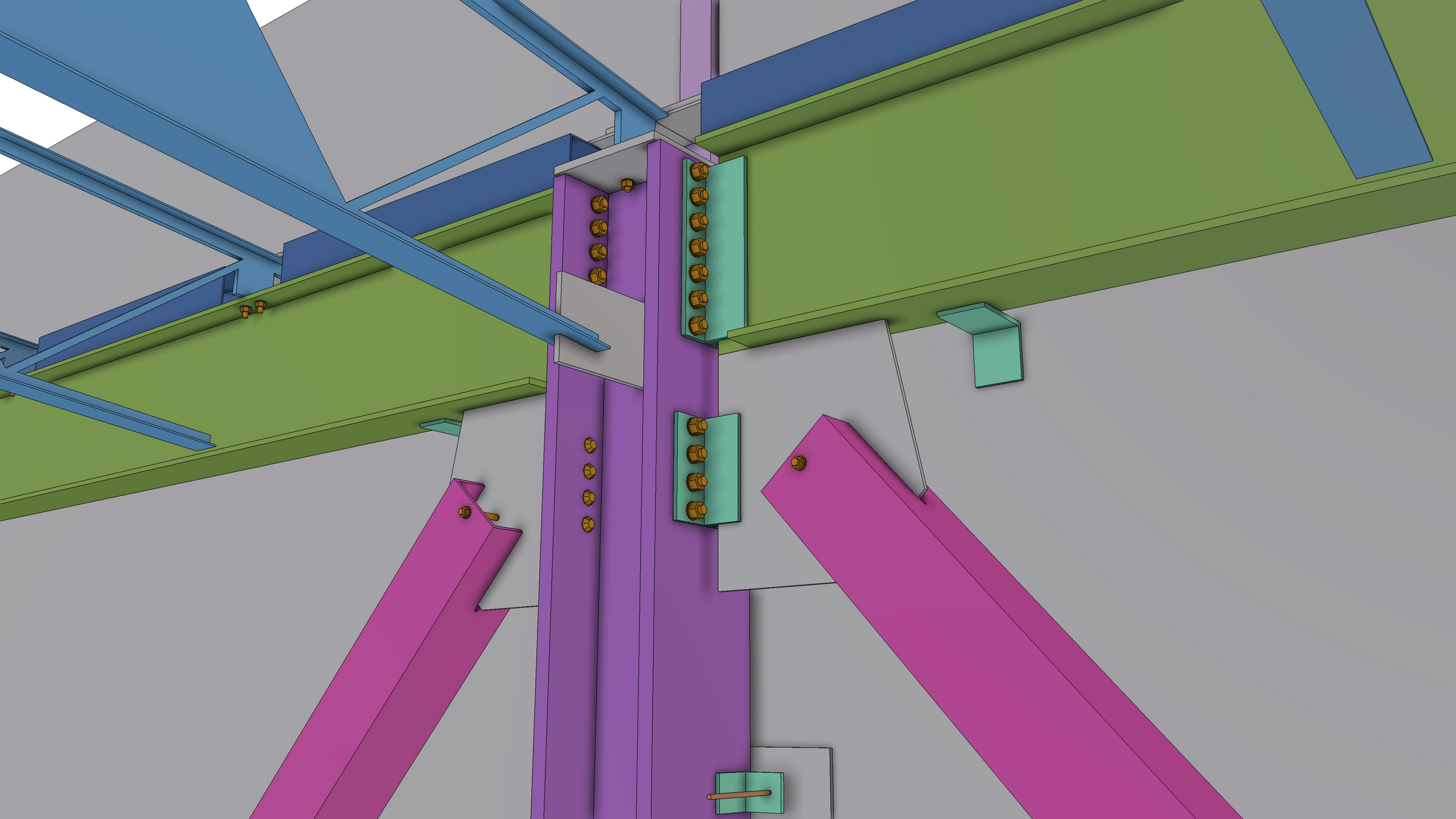 Close-up of a colorful steel framework structure with bolted connections, including purple, green, blue, and gray components.