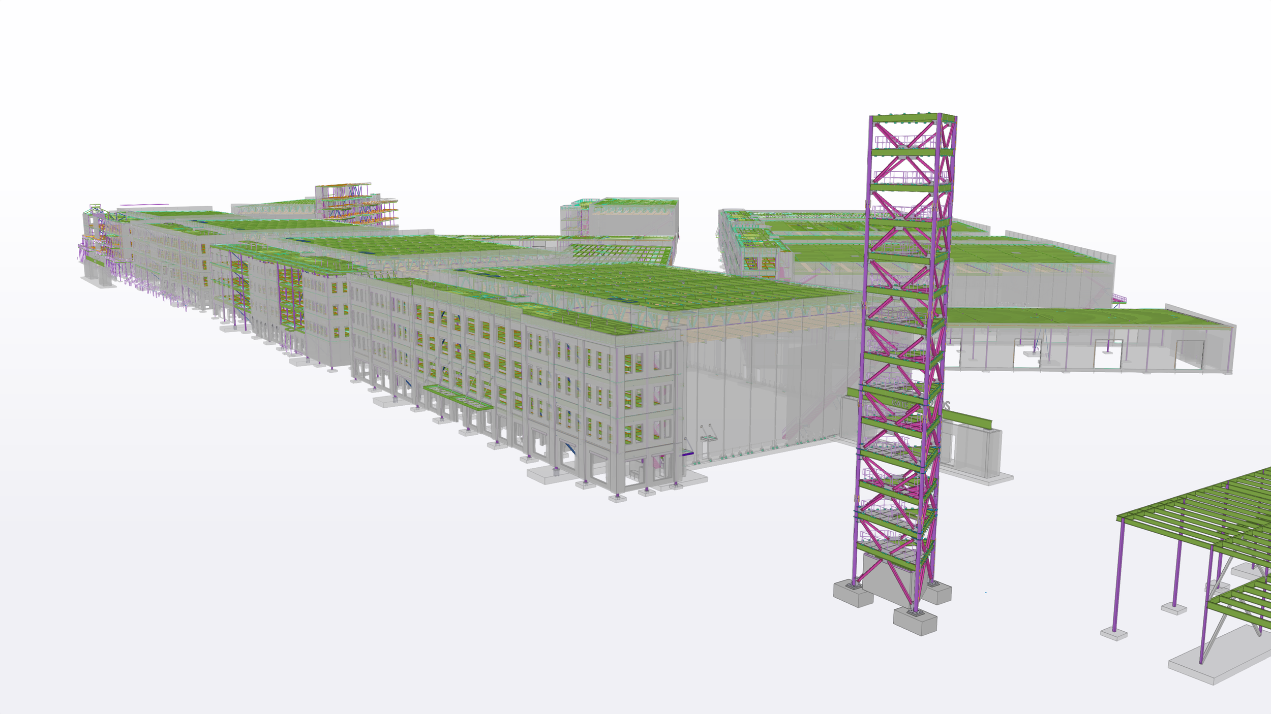 Digital architectural model of a large building with multiple floors, over a crane, with green roofs and various structural elements.