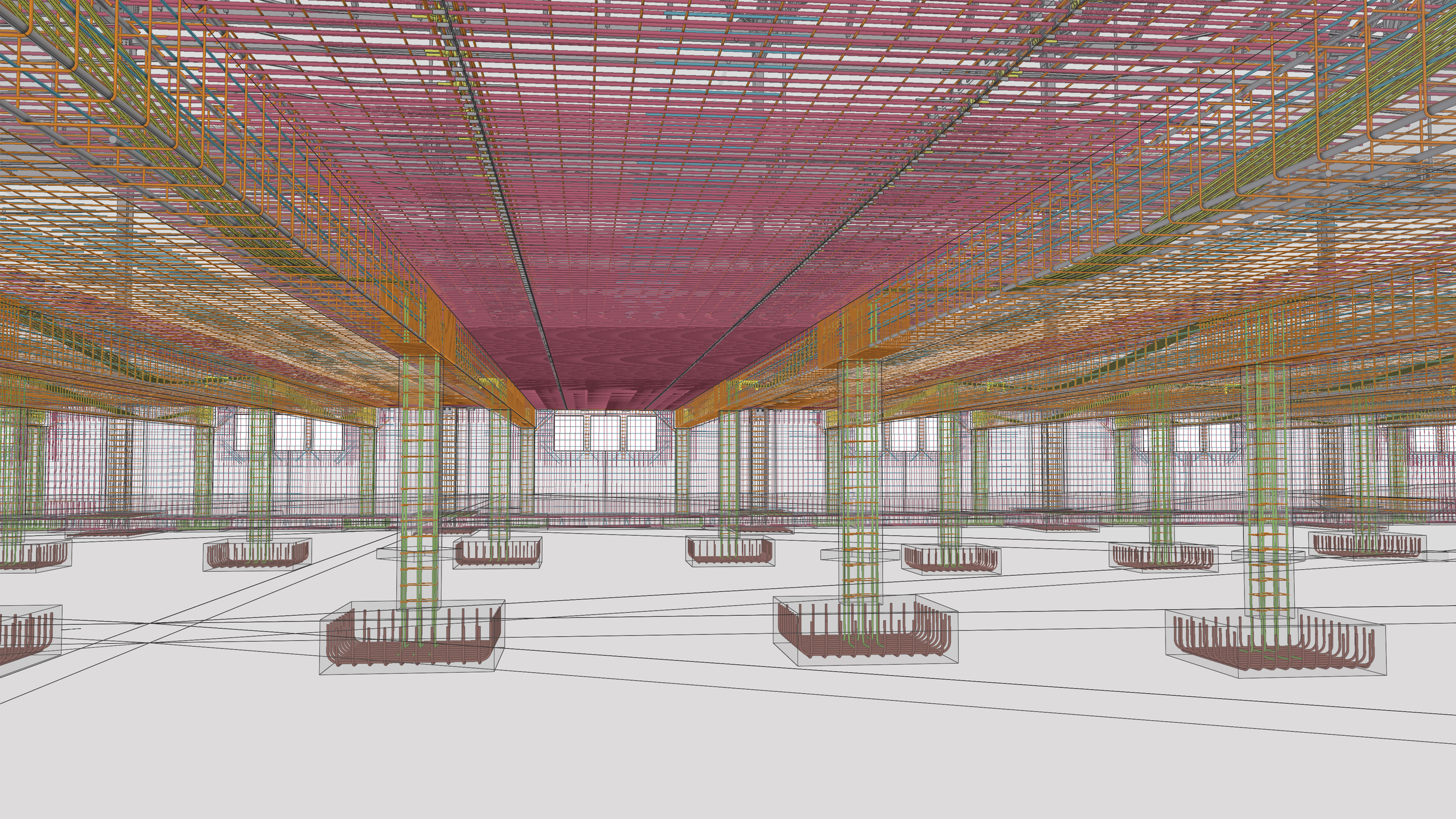 Digital rendering of a building construction framework with multicolored steel reinforcement bars and structural supports, viewed from the ground level looking upward.