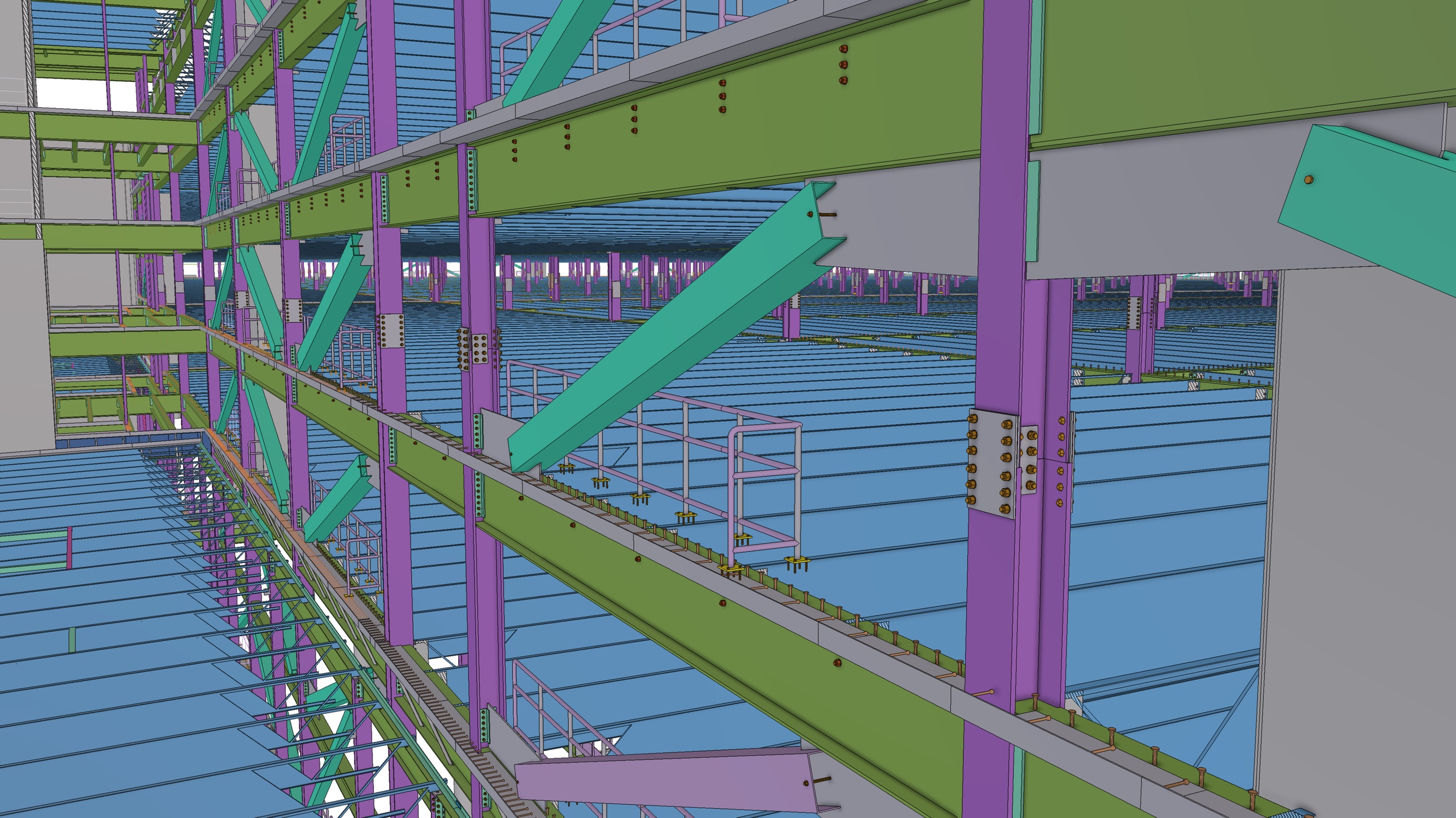 A detailed 3D model of a multi-level steel building framework featuring green and purple beams, with blue panels forming the floors, and metal railings along the edges.