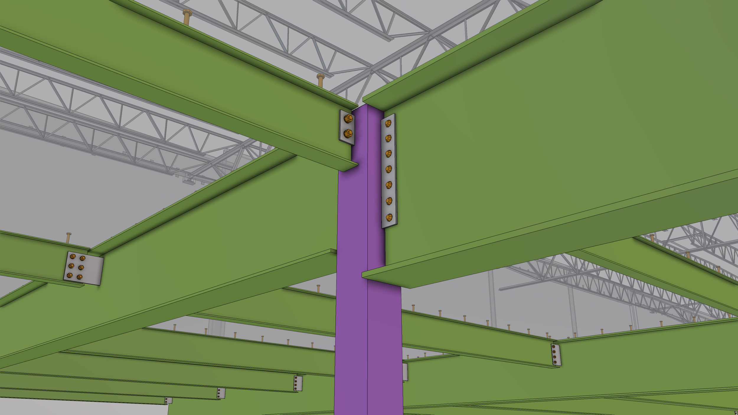 A close-up view of a green steel structure with purple support columns, connected by metal plates and bolts, inside a building with a metal truss roof.