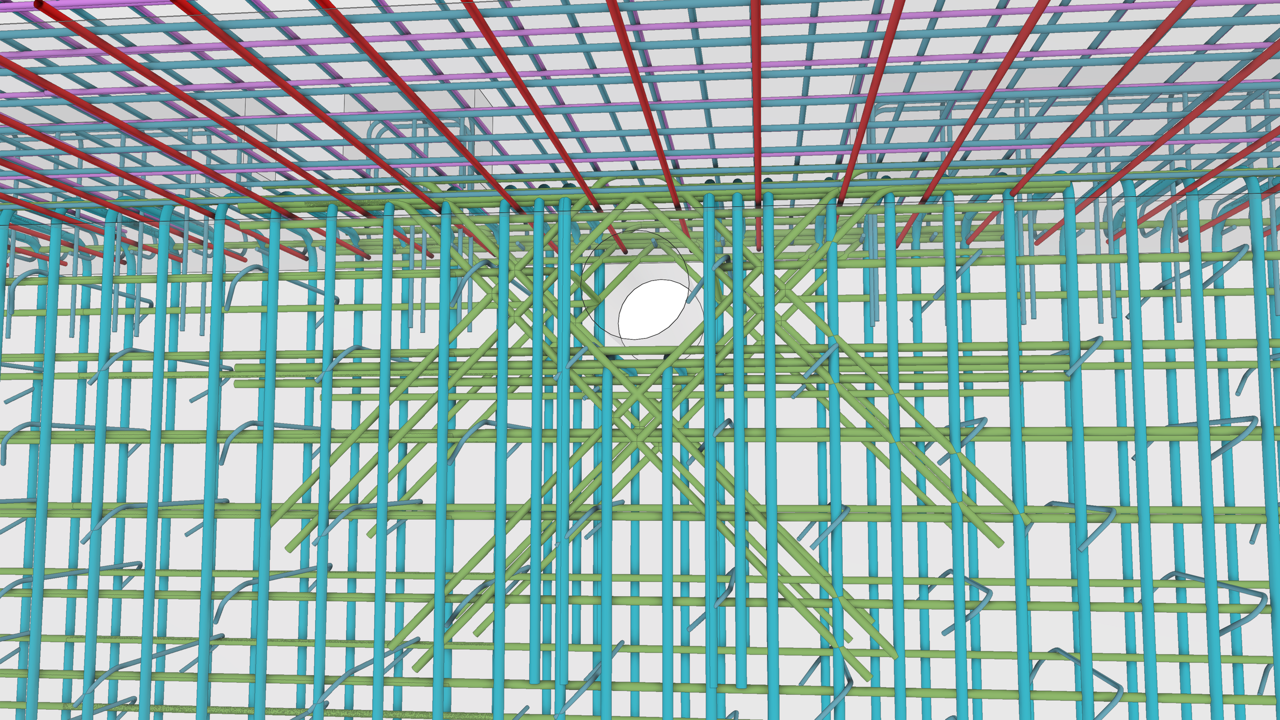 A 3D rendering of a lattice-like structure with blue, green, purple, and red interconnected beams, viewed from below, with a circular opening near the center.