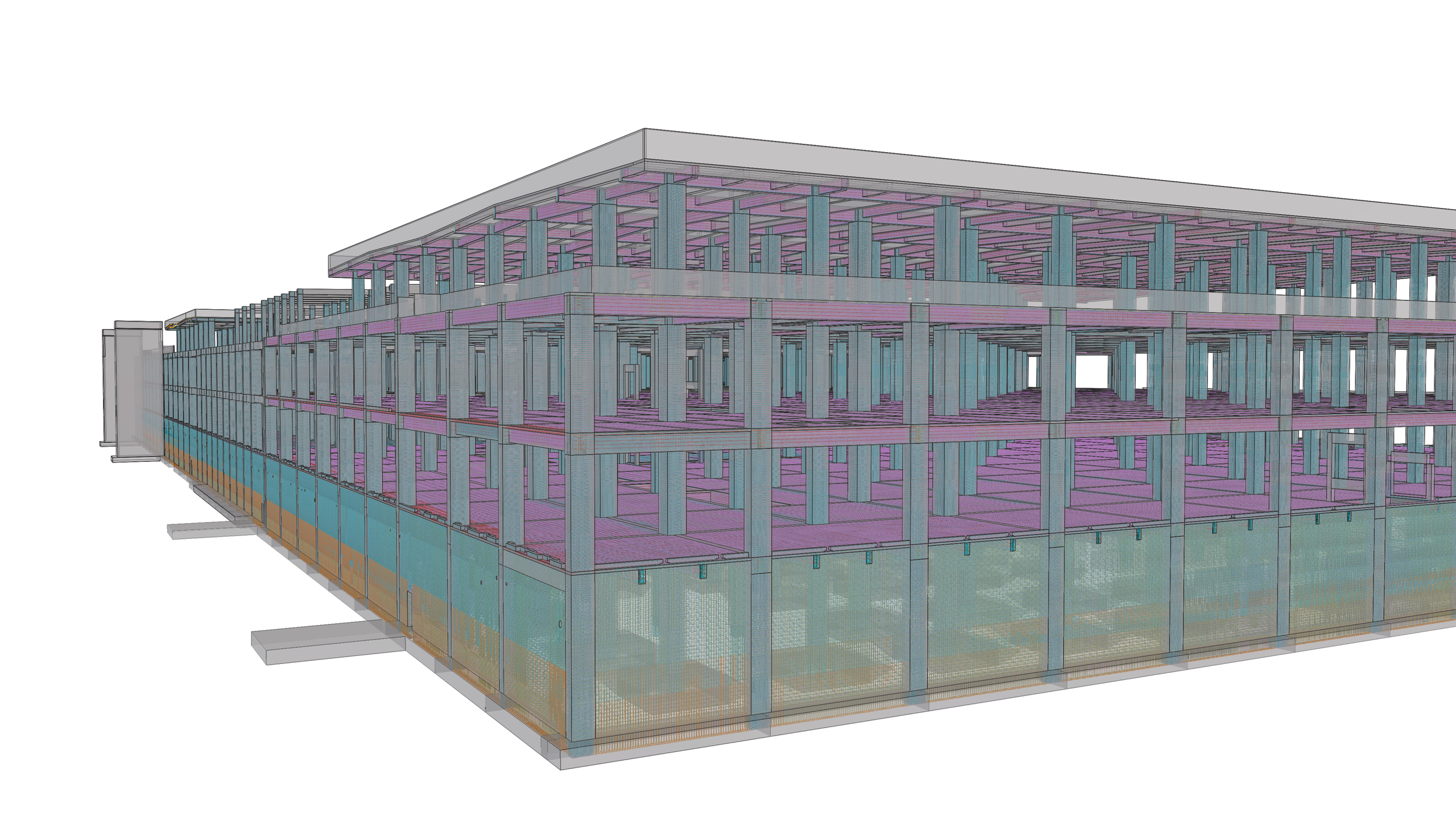 3D digital model of a multi-story building under construction with visible structural framework and support beams.