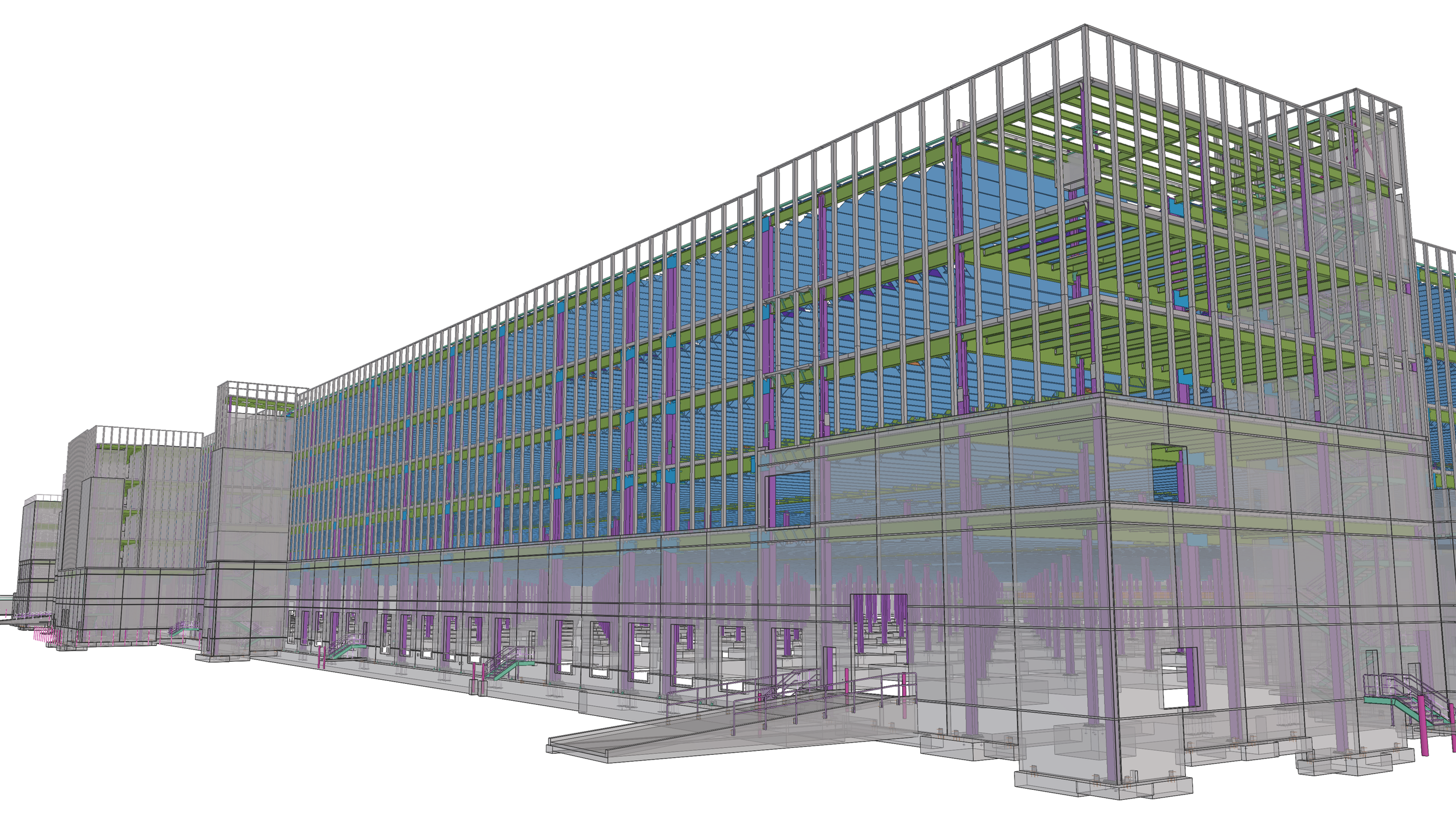 A digital architectural rendering of a modern glass building with a colorful steel frame structure, featuring multiple floors and roof details.