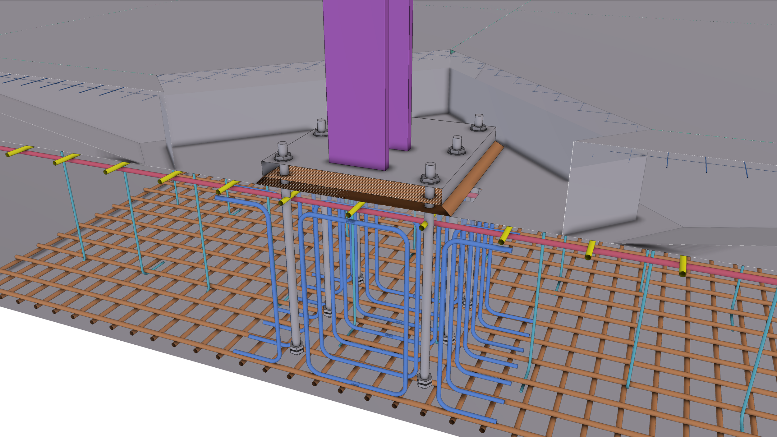 A 3D model of a construction foundation showing rebar grid with embedded piping, a metallic anchor base with bolts, and a purple structural element.
