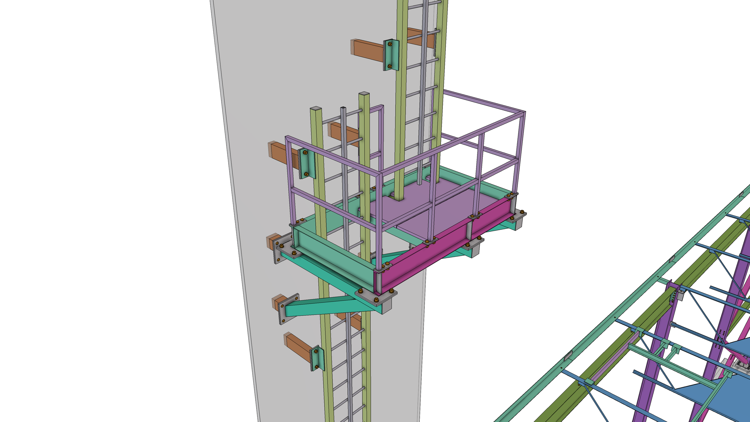 A detailed 3D model of a construction scaffolding system, showing different colored components including purple, green, teal, and gray, attached to a wall and with a section of a roller coaster track visible.