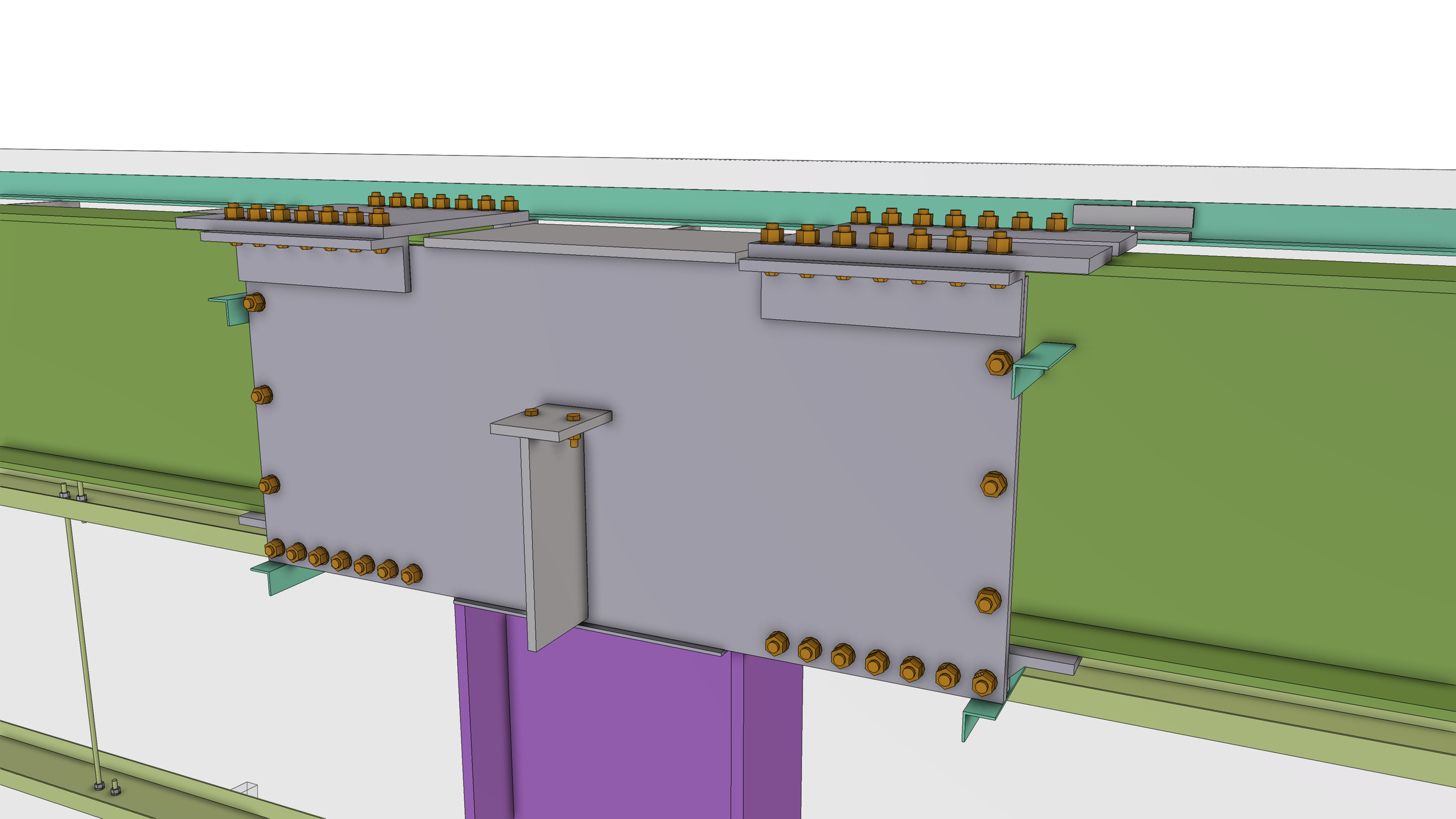 A detailed 3D CAD model of a mechanical assembly showing metal plates, bolts, and brackets connected to a green and purple structure.