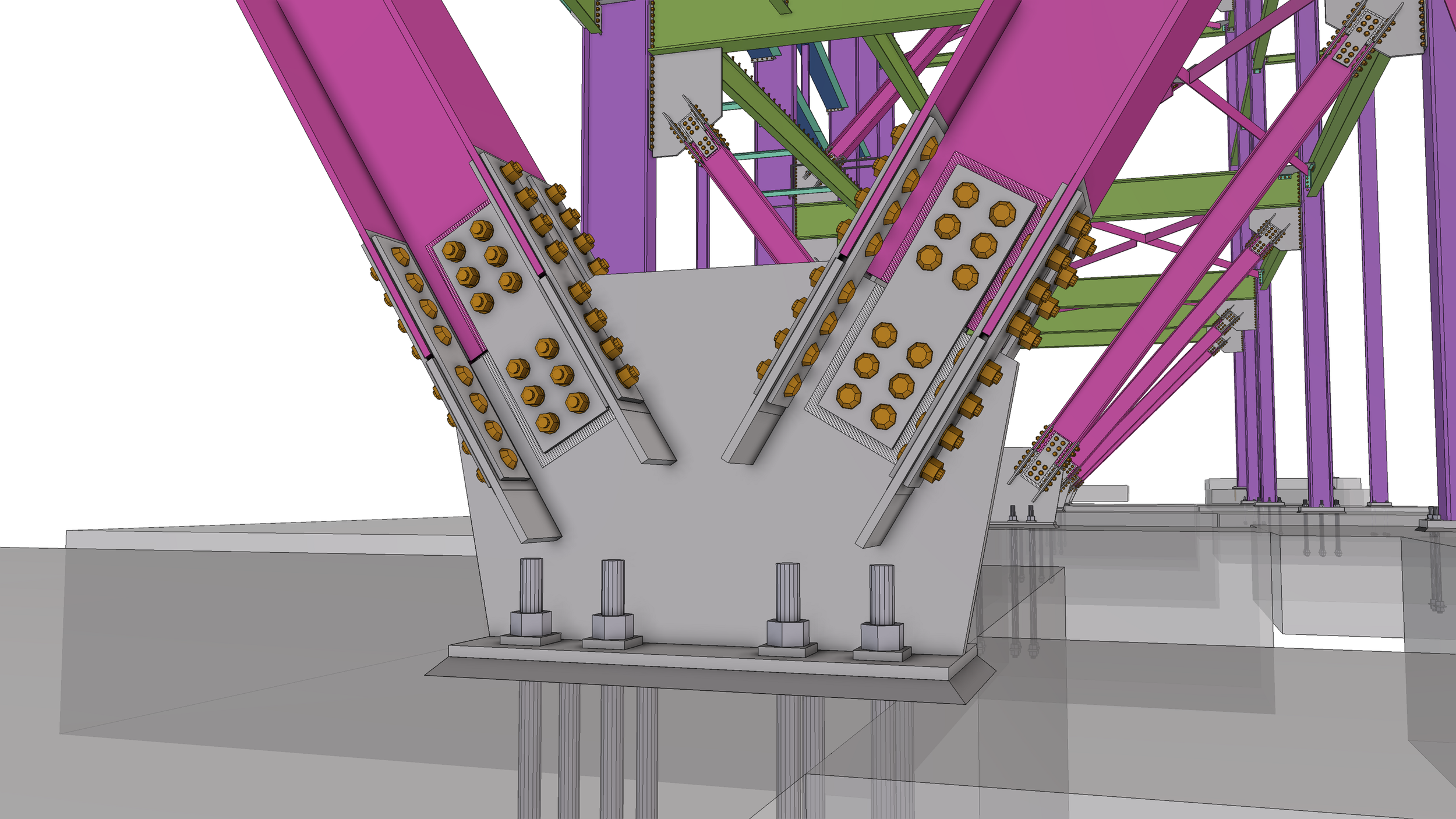 A detailed 3D model of a structural component with purple, green, and gray metal parts, nuts, and bolts, likely part of a large engineering or architectural construction.