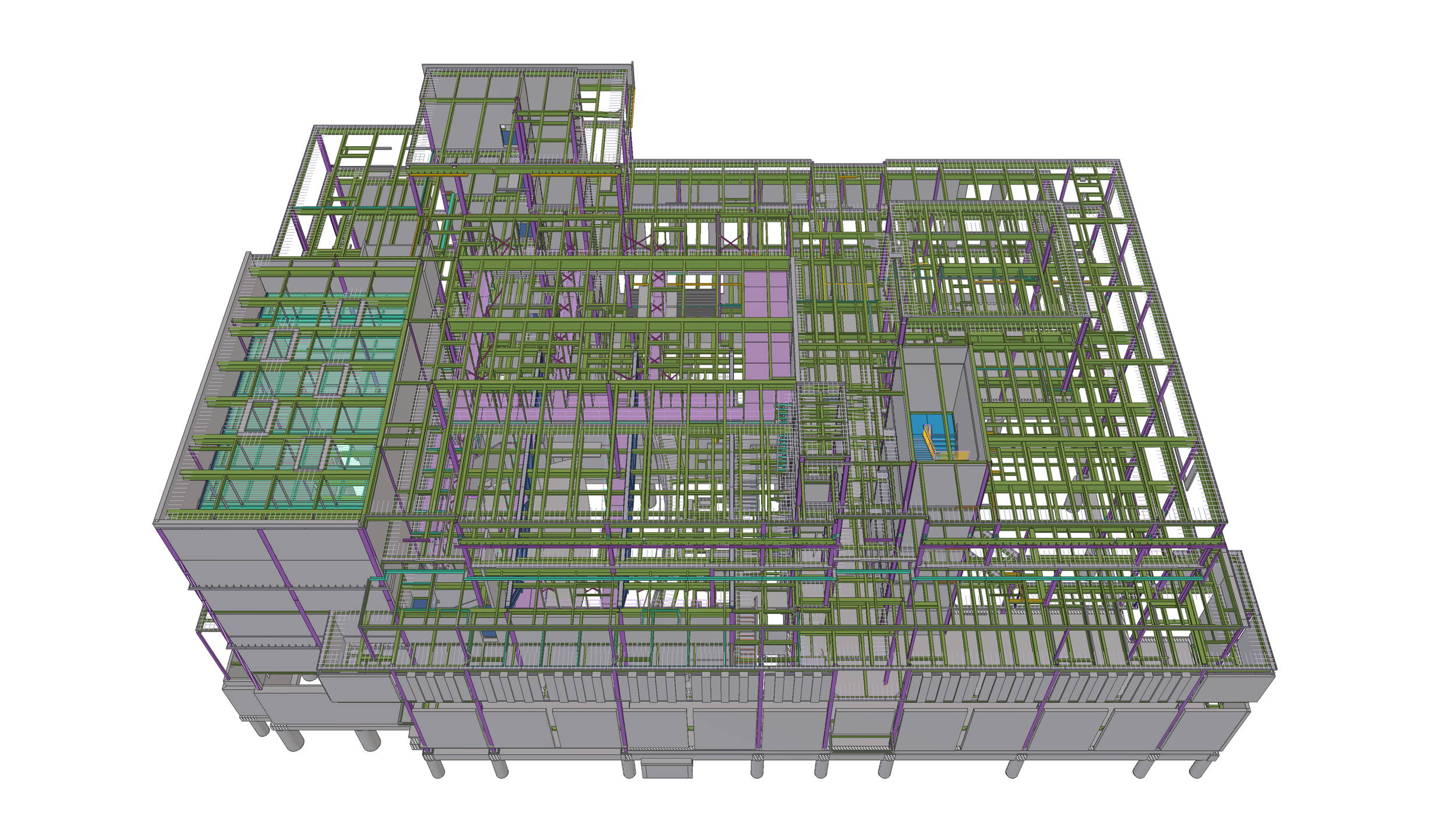 3D digital model of a building's structural framework showing multiple floors, beams, and support columns in various colors.
