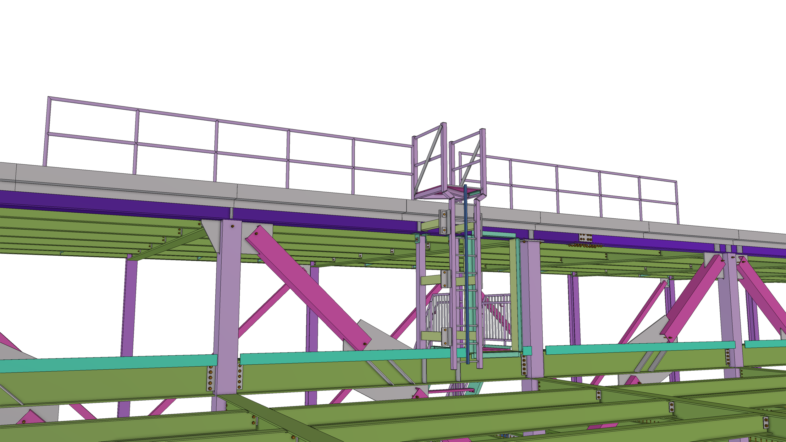 Colorful structural design with various beams and platforms, likely part of a construction or architectural model.