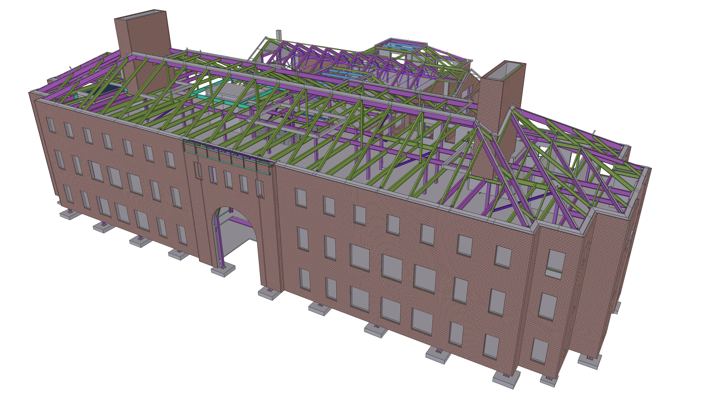 3D structural model of a brick building's roof with green and purple steel beams showing framing detail.