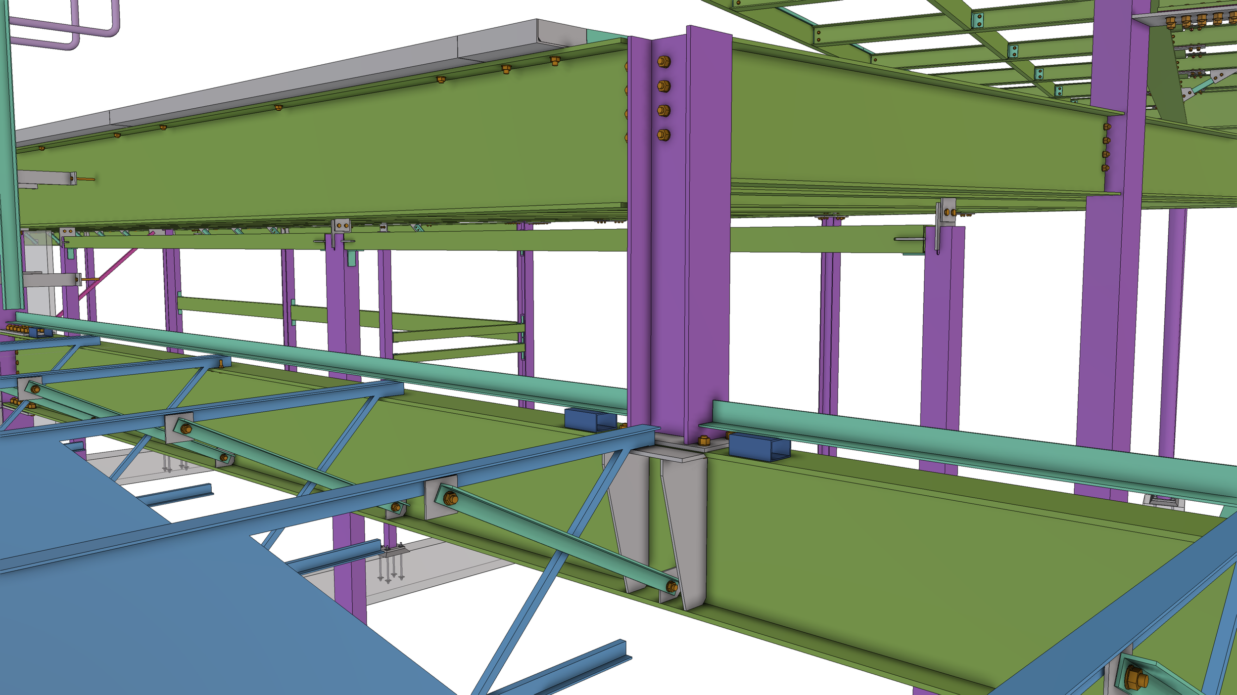 3D model of a multi-level industrial structural framework in purple, green, cyan, and blue with various beams, columns, and fasteners.