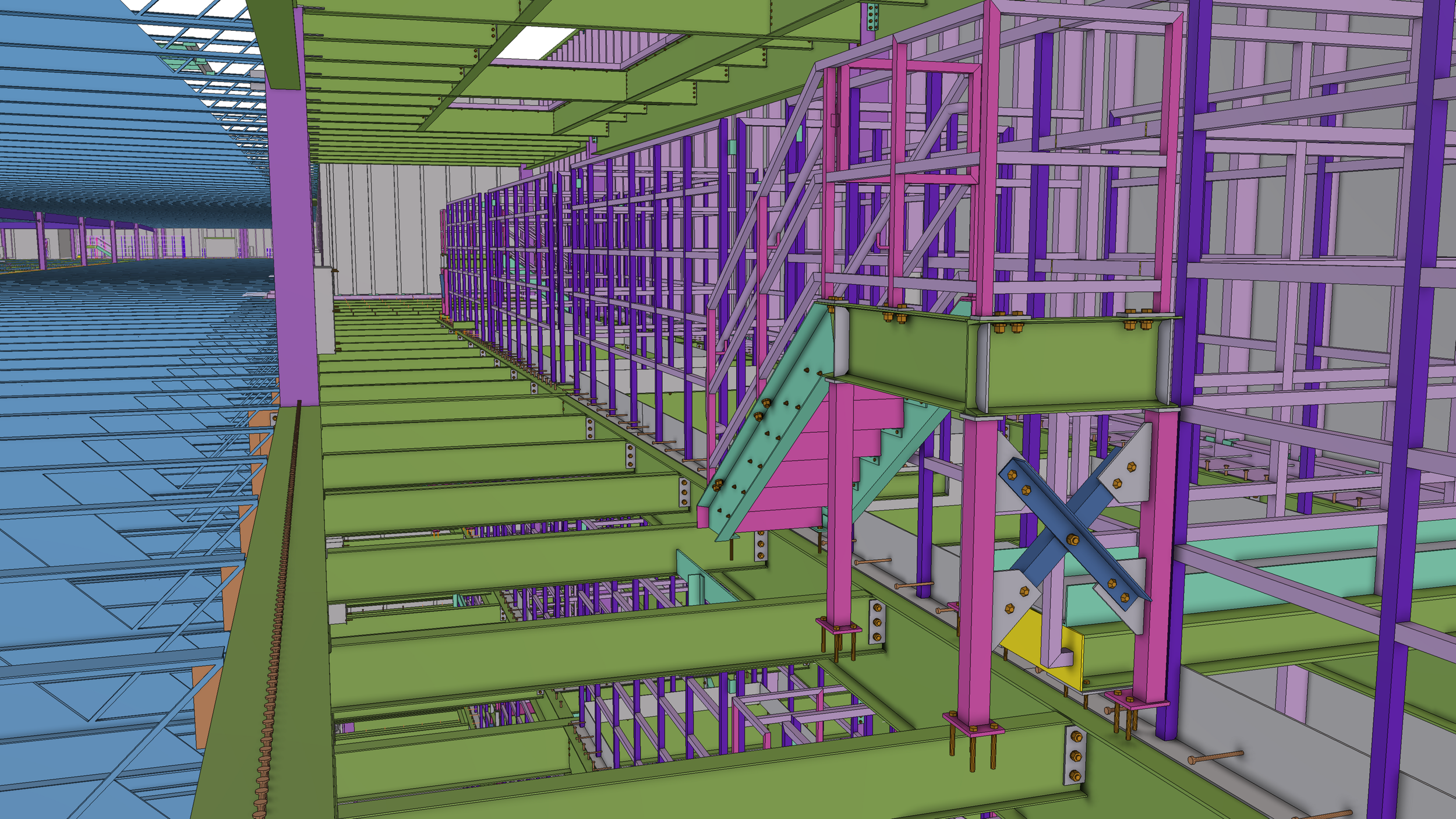 A detailed 3D model of a building's structural framework, featuring colored steel beams and supports in purple, green, blue, and yellow.
