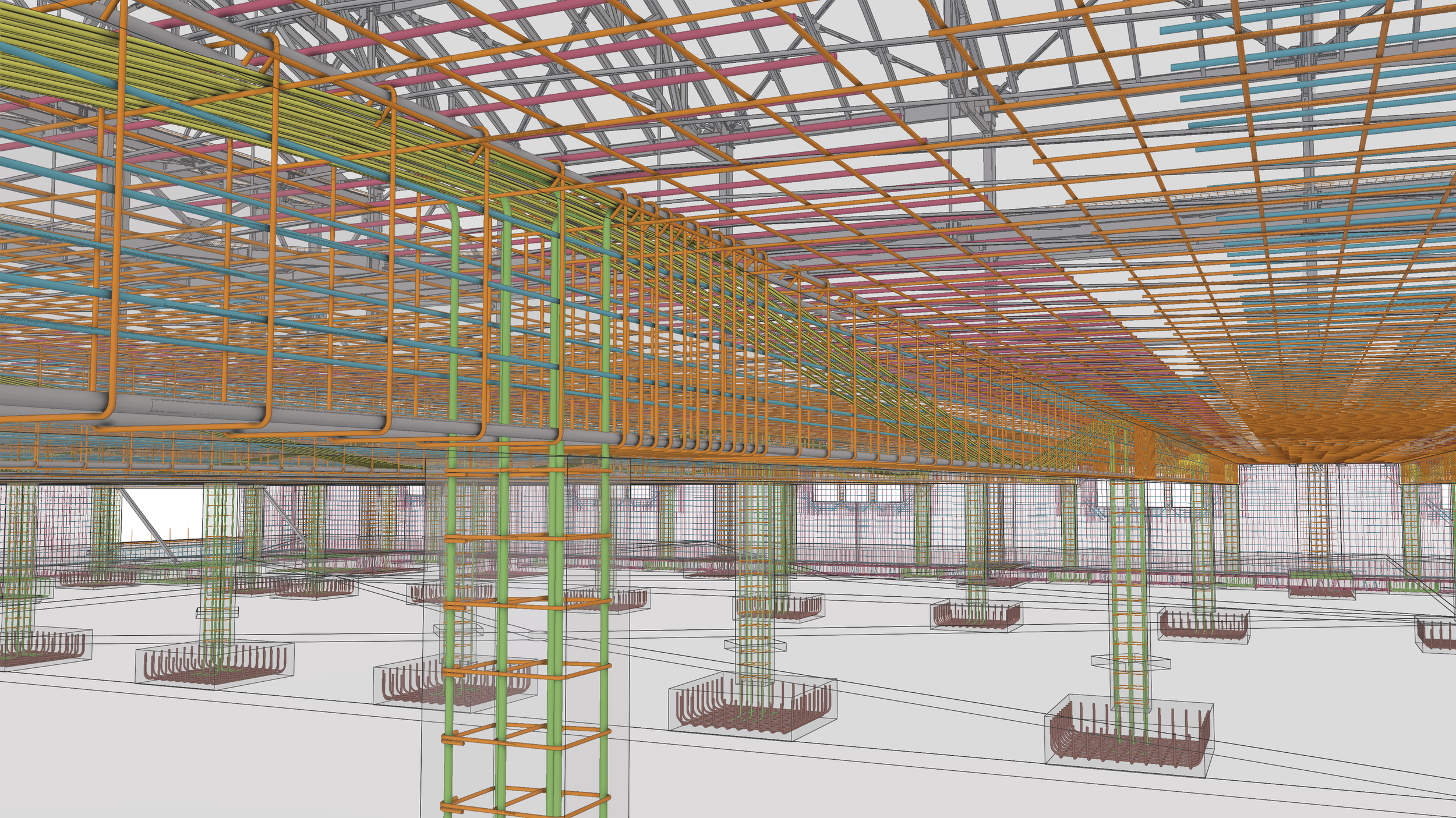 A detailed 3D model of a building's framework showing various colored structural steel components, support beams, and columns, with some parts in wireframe and others fully rendered.