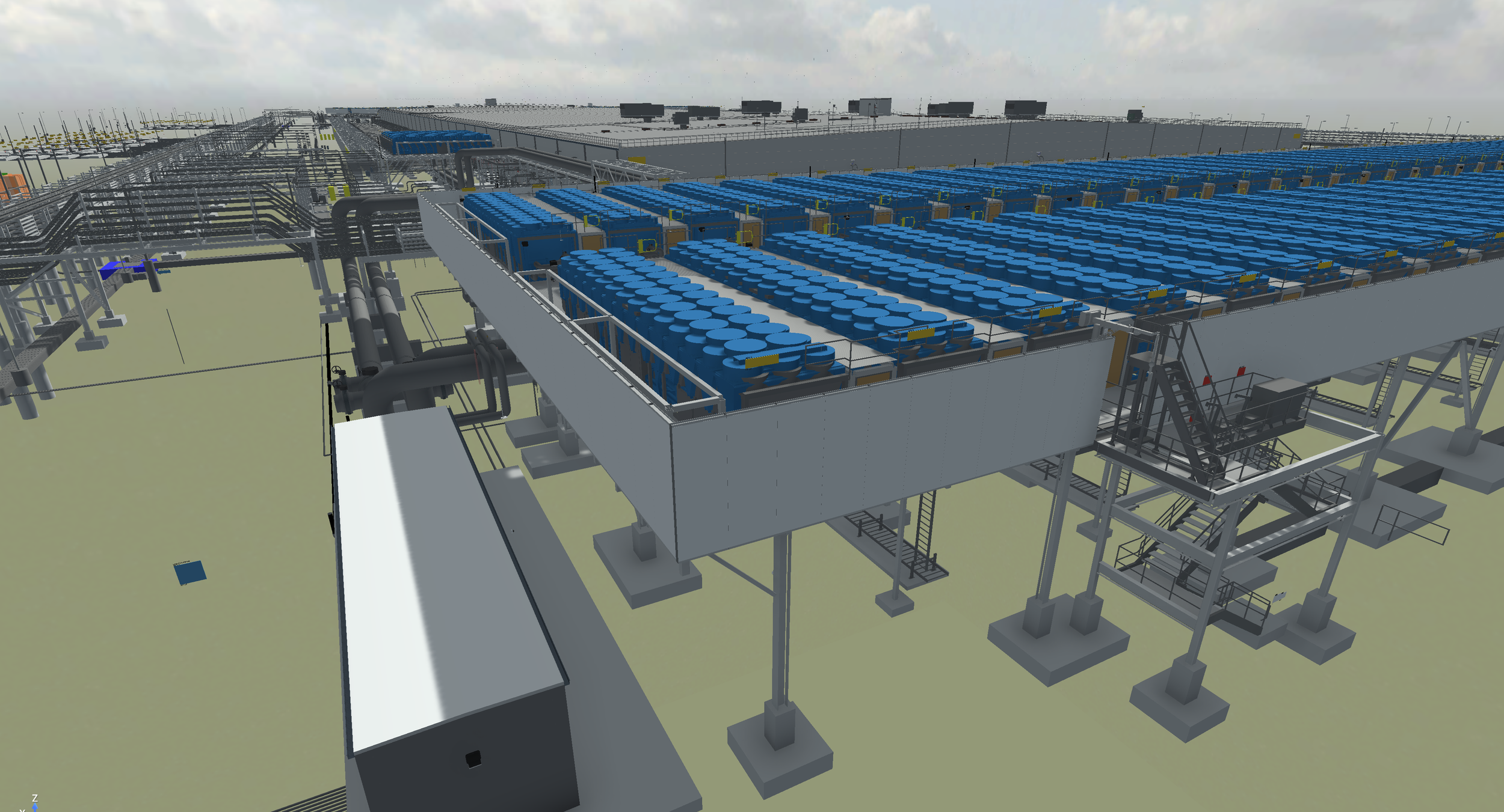 A digital rendering of an industrial facility featuring numerous large blue tanks arranged in rows on an elevated platform, with black pipelines and metal railings surrounding the tanks, and a vast gray building in the background under a cloudy sky.