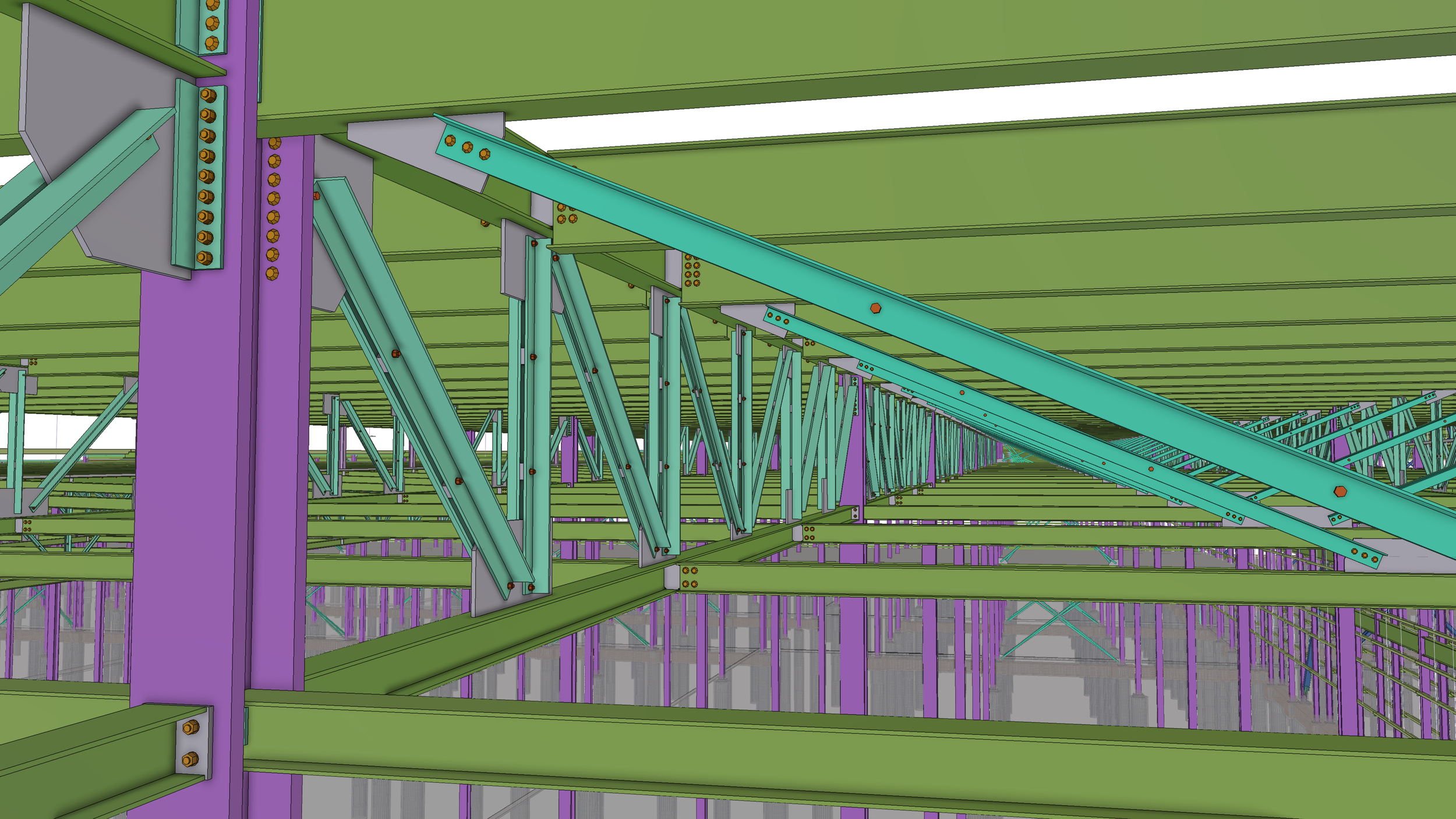 3D rendering of a steel framework with green, purple, gray, and blue structural components, including beams, braces, and bolts, forming a large construction or industrial structure.