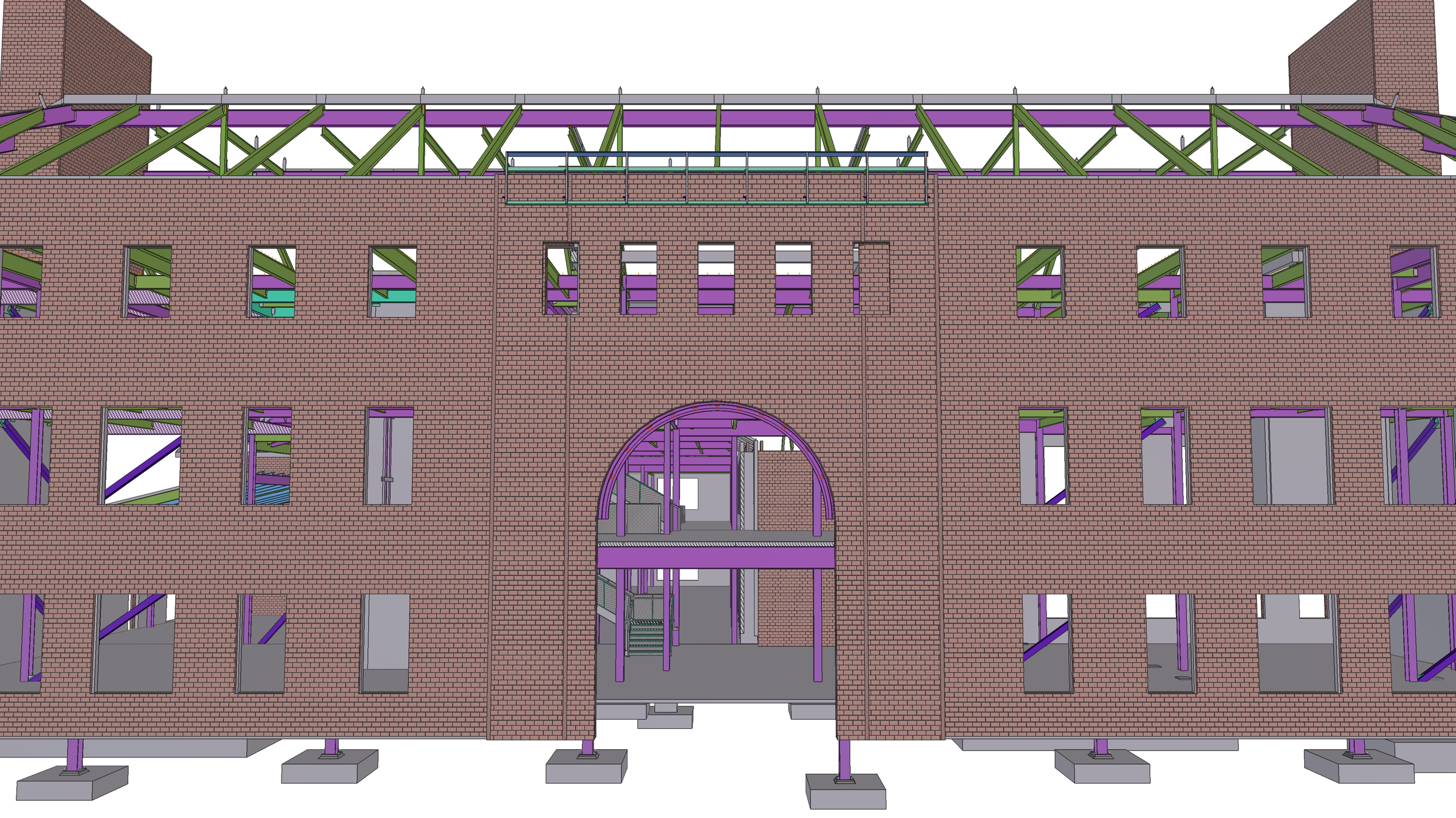A digital architectural rendering of a building under construction with brick exterior walls, multiple window openings, and visible building framework in green, purple, and gray.