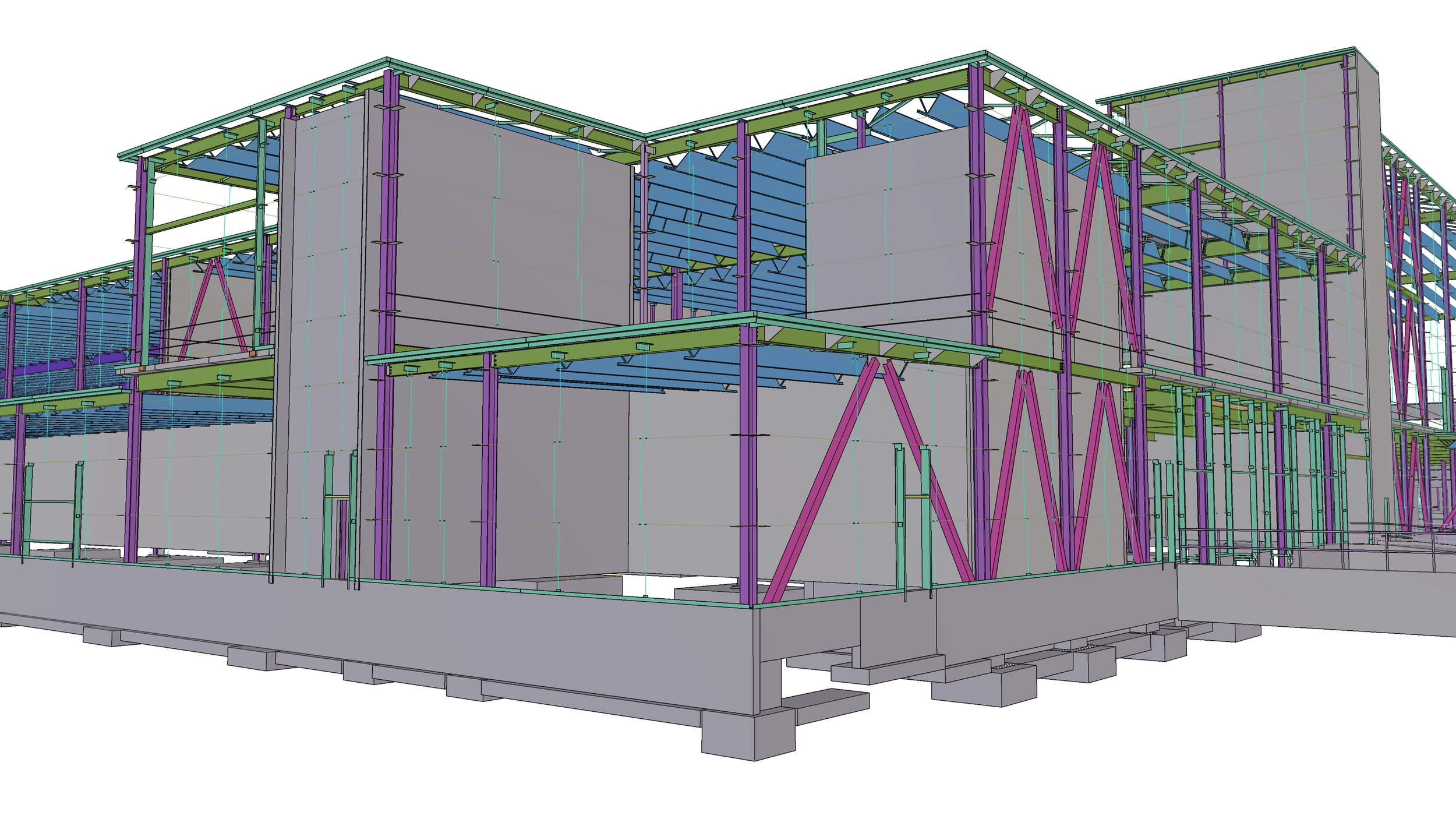 3D architectural design of a building under construction showing structural framework, walls, and support beams.