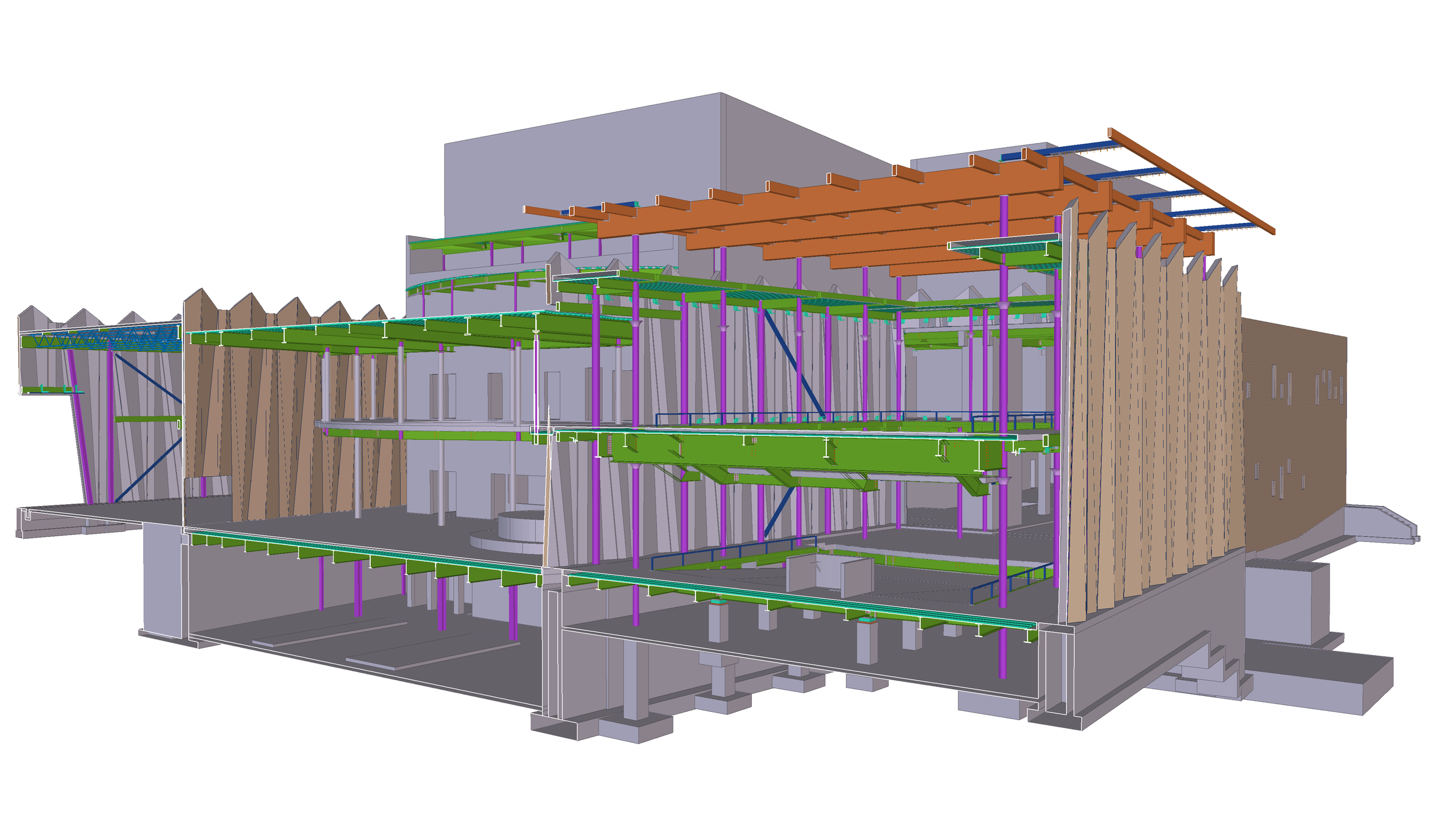 3D architectural rendering of a building structure showing floors, walls, support beams, and architectural details in various colors.