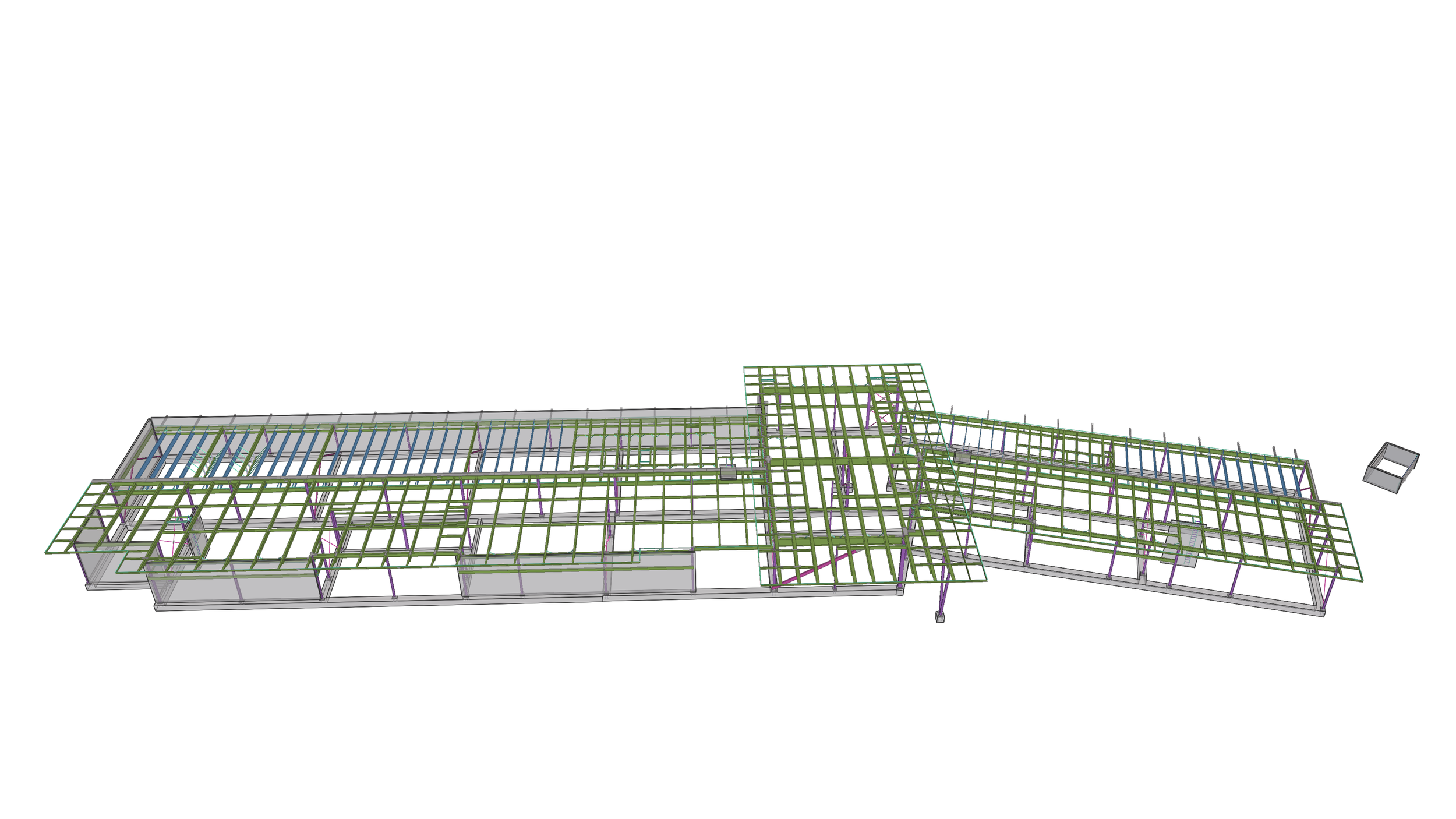 A detailed 3D architectural model of a building's structural framework, showing green beams, purple supports, and other components.