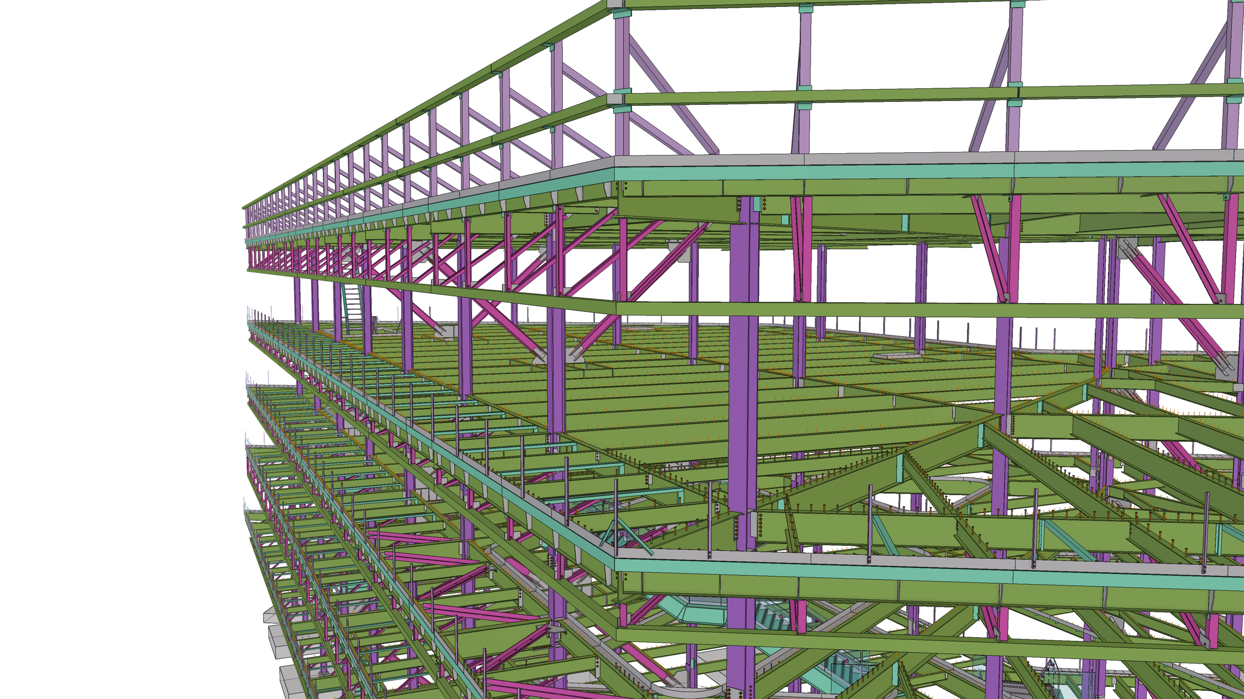 A 3D model of a multi-story building under construction showing structural framing in various colors.