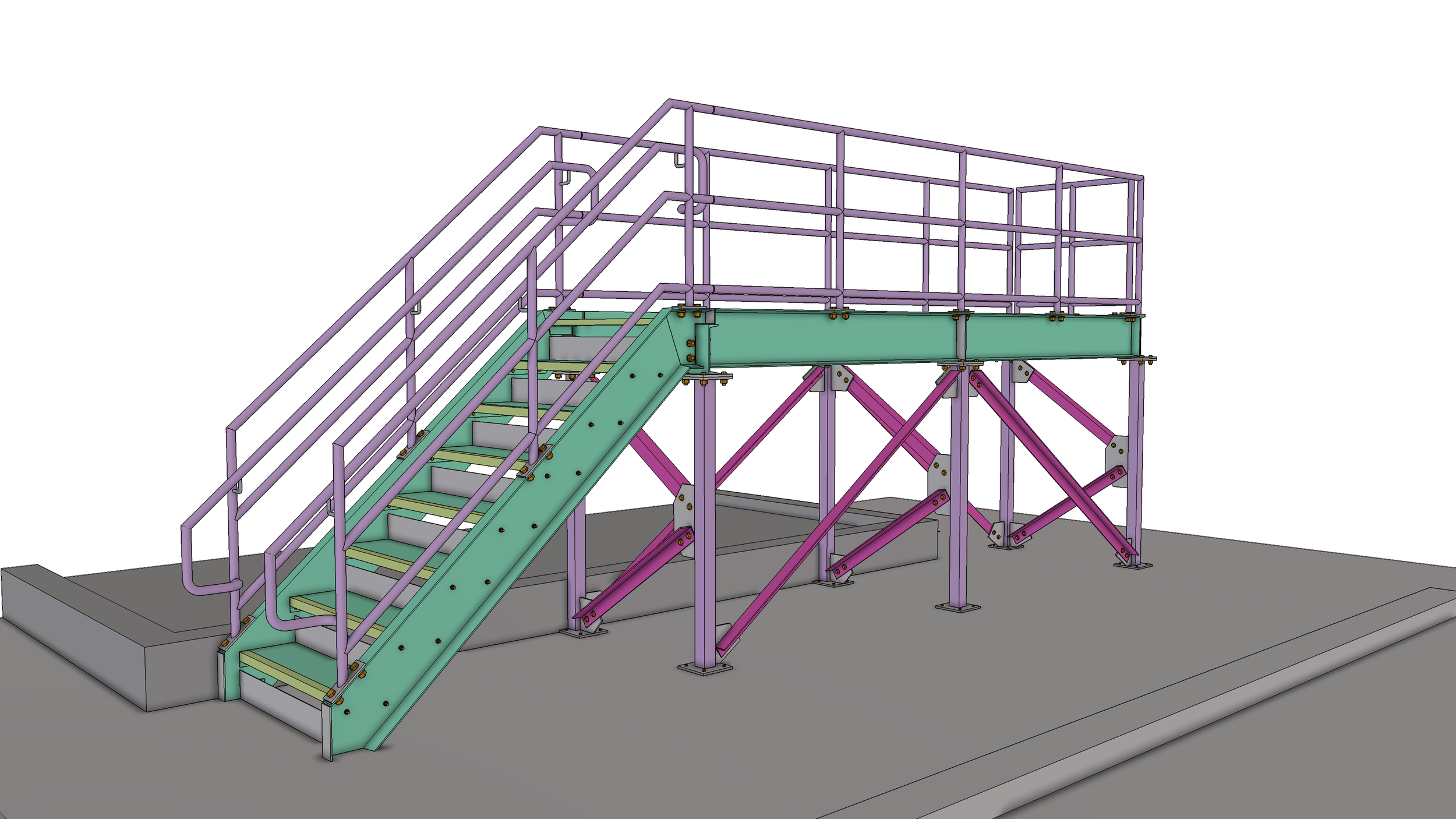A 3D rendering of a steel staircase with railings, supported by purple and green structural supports on a concrete base.
