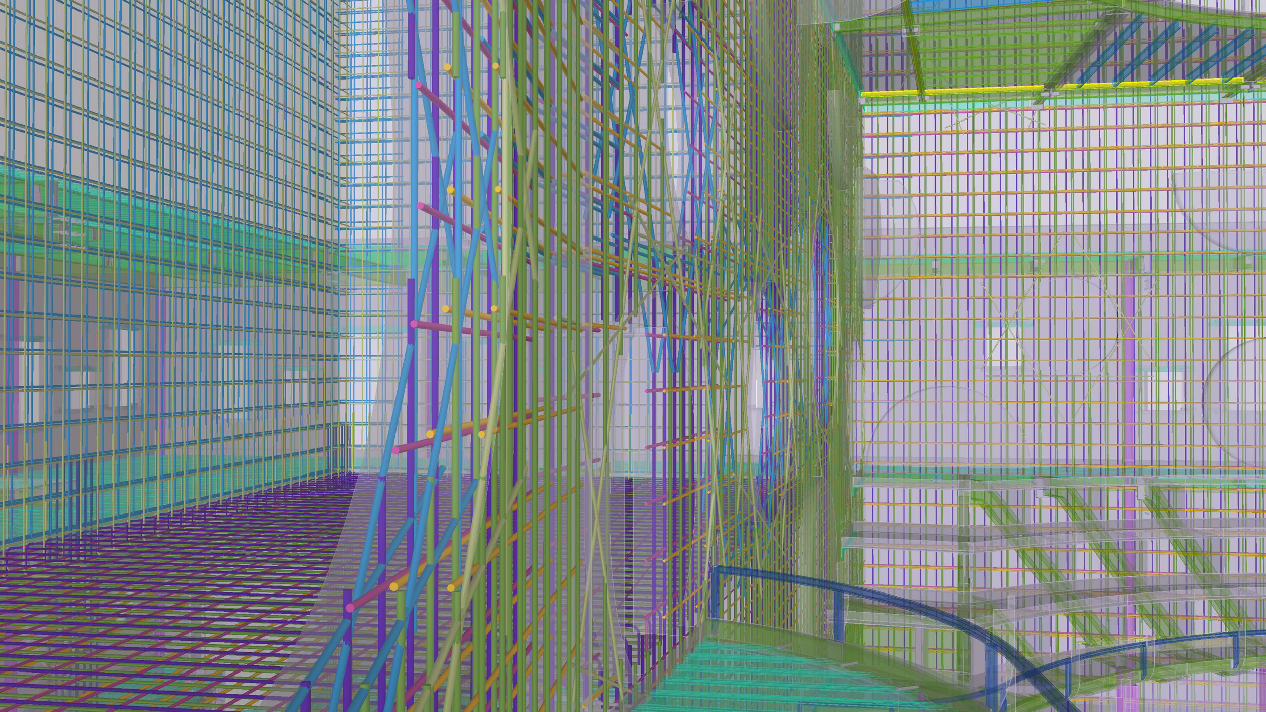 Futuristic digital 3D rendering of multicolored interconnected metal framework, resembling a complex architectural structure with grids and lattice patterns.