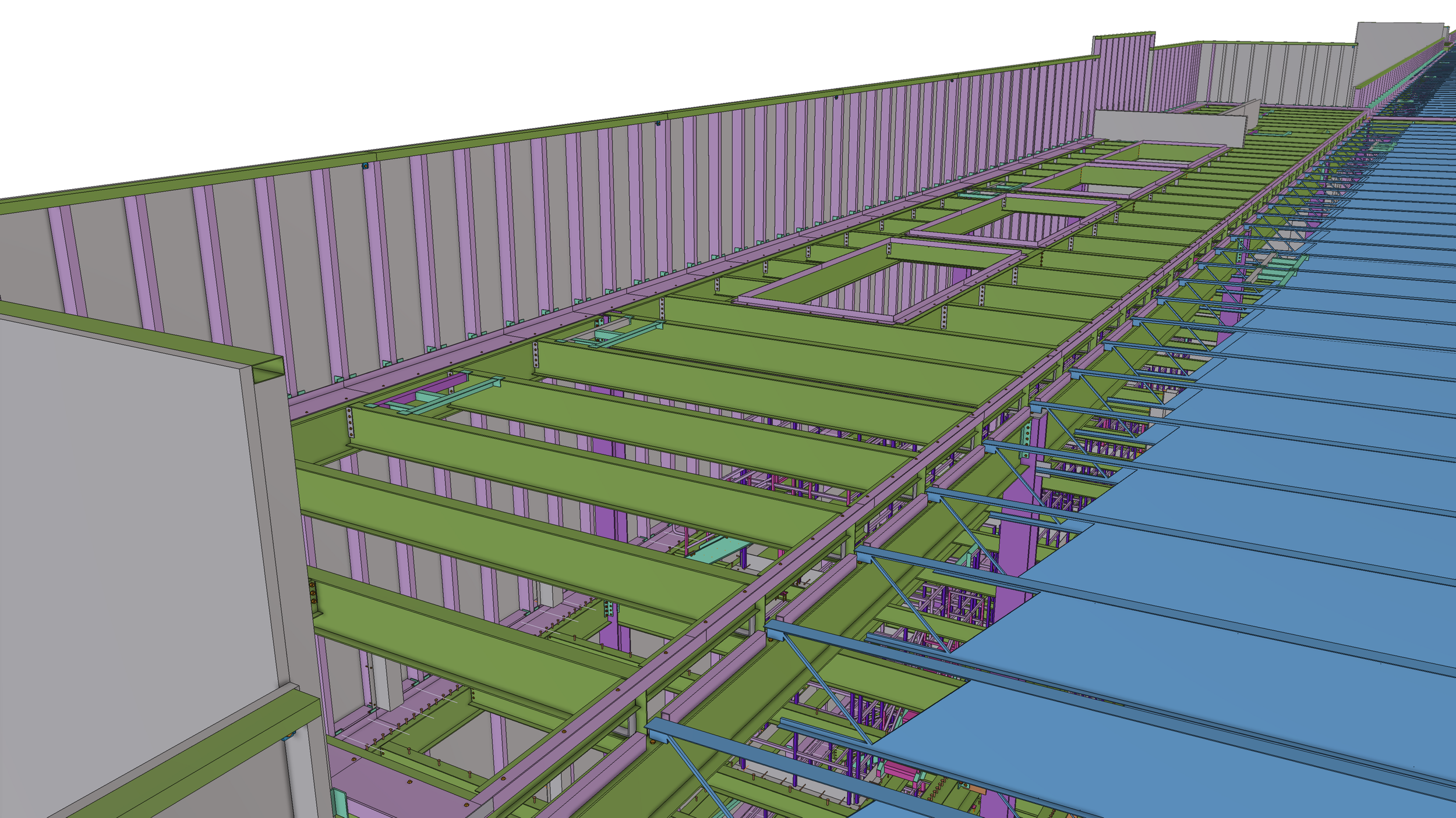 3D model of a building's structural framework with green floor beams, purple wall studs, and blue support braces, showing multiple levels and construction details.