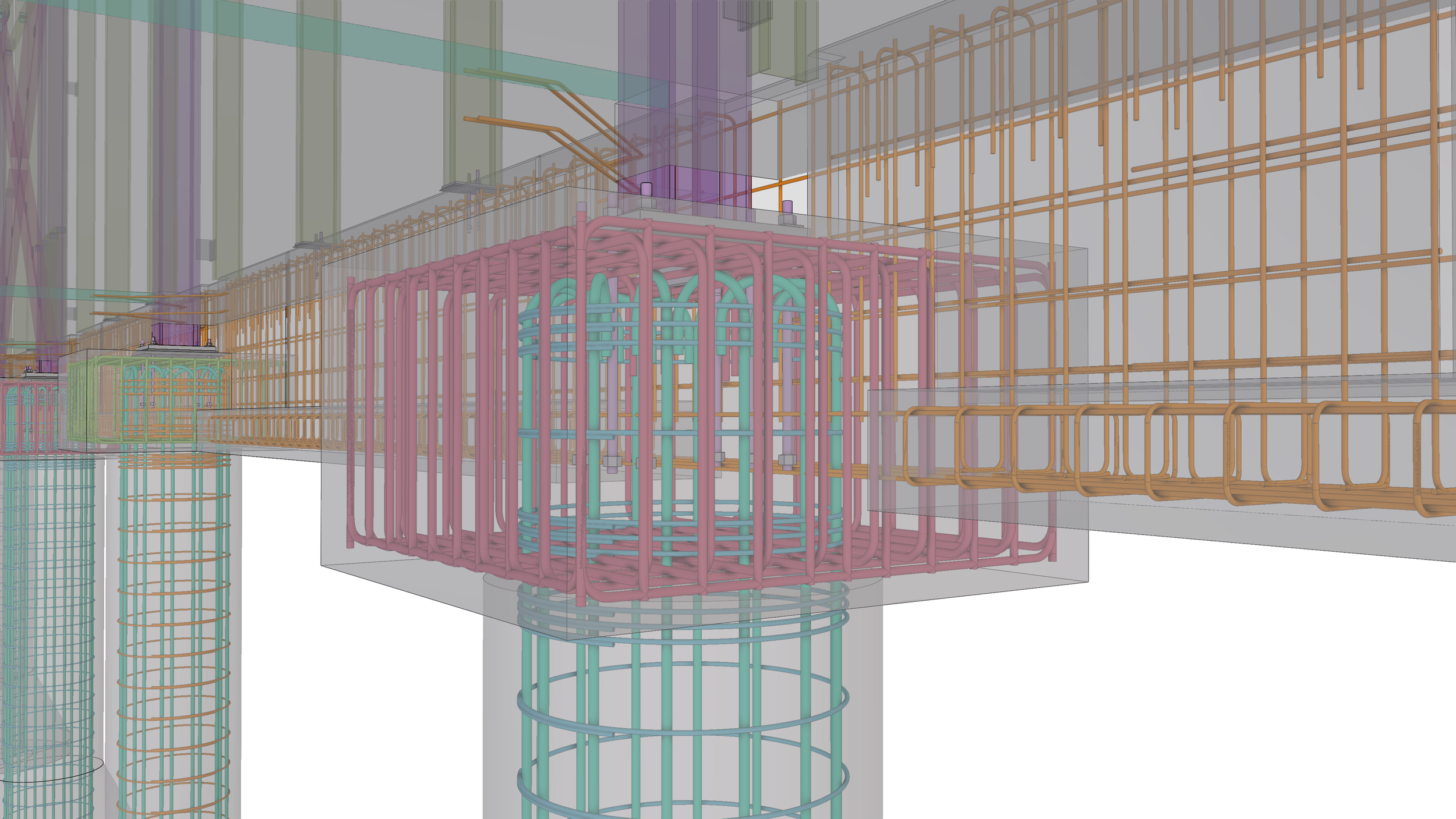 A complex 3D model of a building's structural and plumbing system with color-coded pipes and framing, including columns, walls, and suspended pathways.