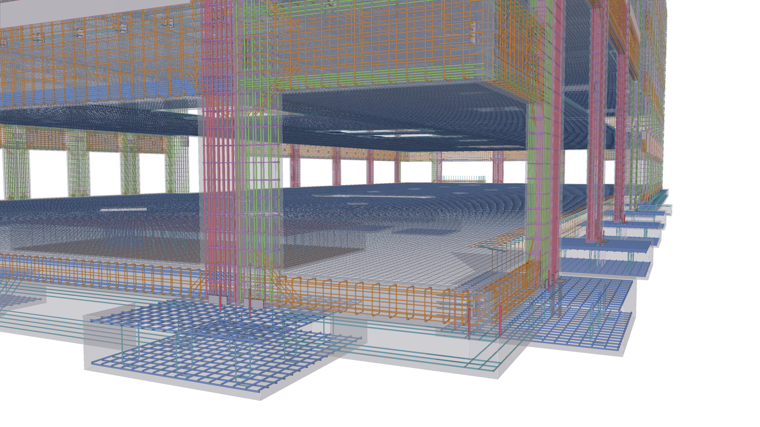 A digital 3D rendering of a building's structural framework, showing multicolored steel beams, columns, and floors in a wireframe view.