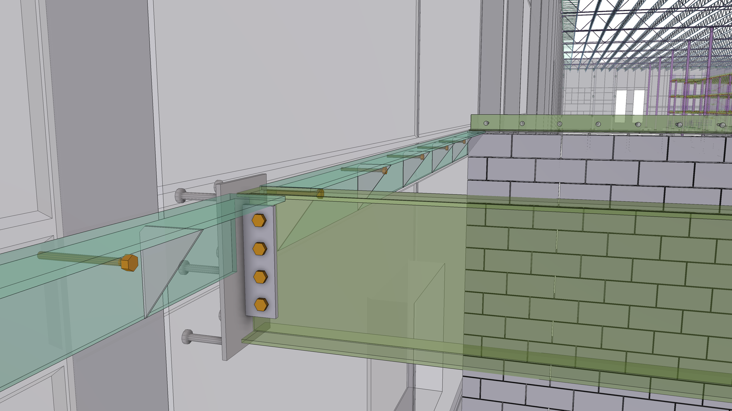 Digital architectural model of a building interior showing glass railing, metal support structure, concrete and brick walls, and large windows with a grid pattern.