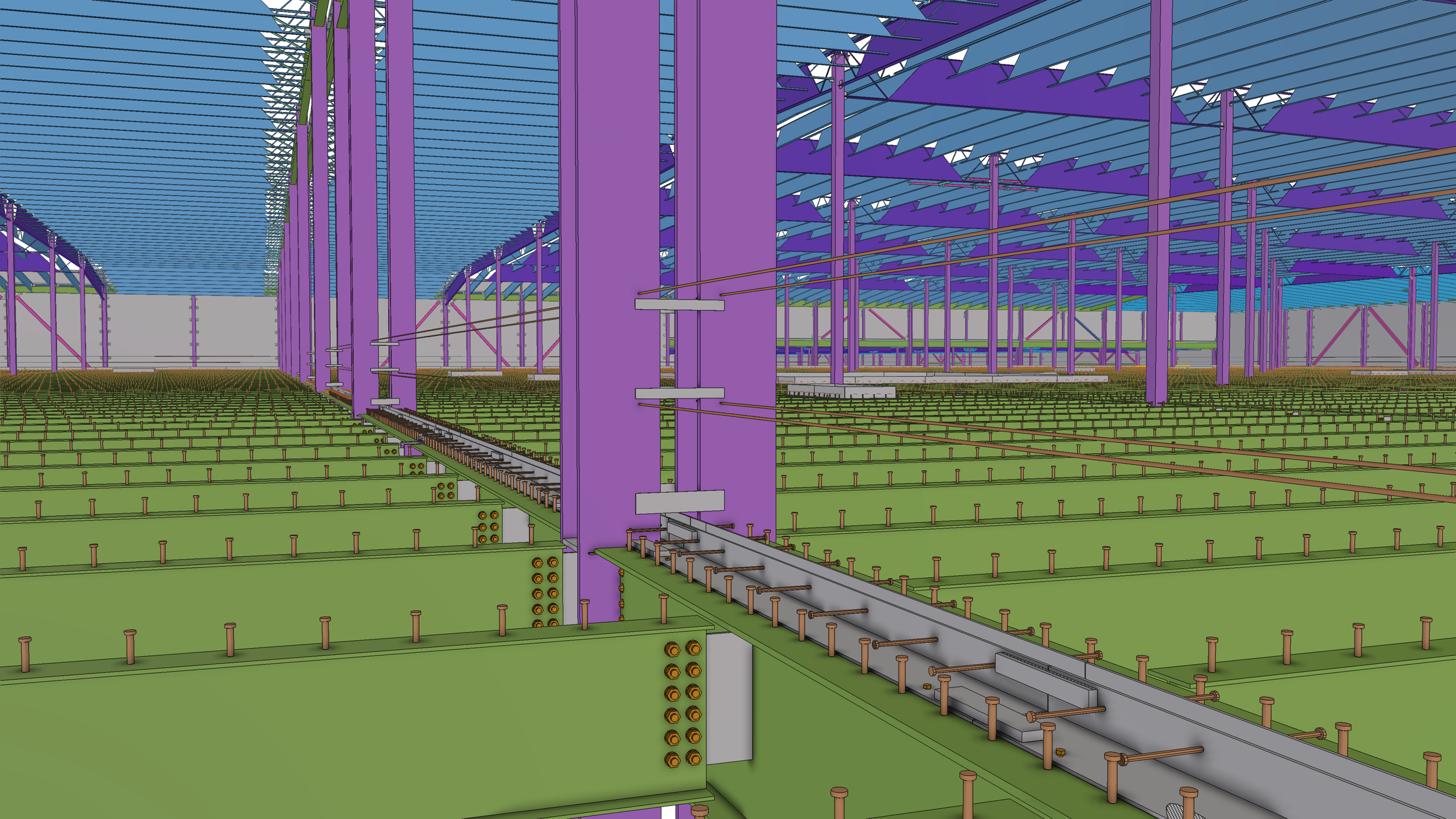 A digital rendering of a building structure with purple support beams, blue roofing panels, and green flooring, possibly depicting construction or architectural design.