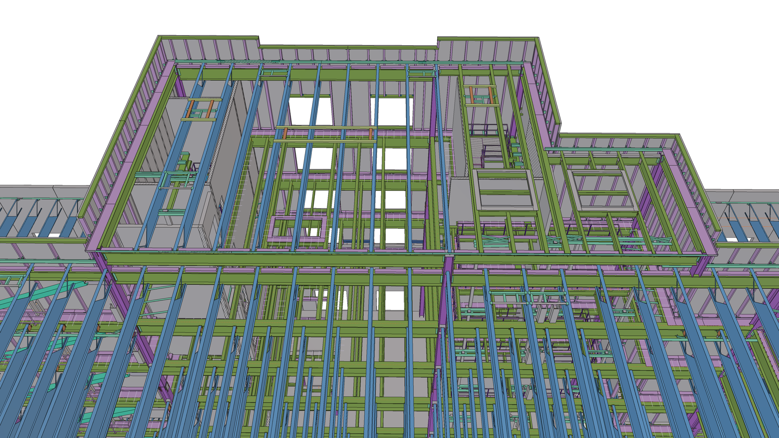 Colorful framework of a building under construction, with steel beams and structural elements visible from a low angle.