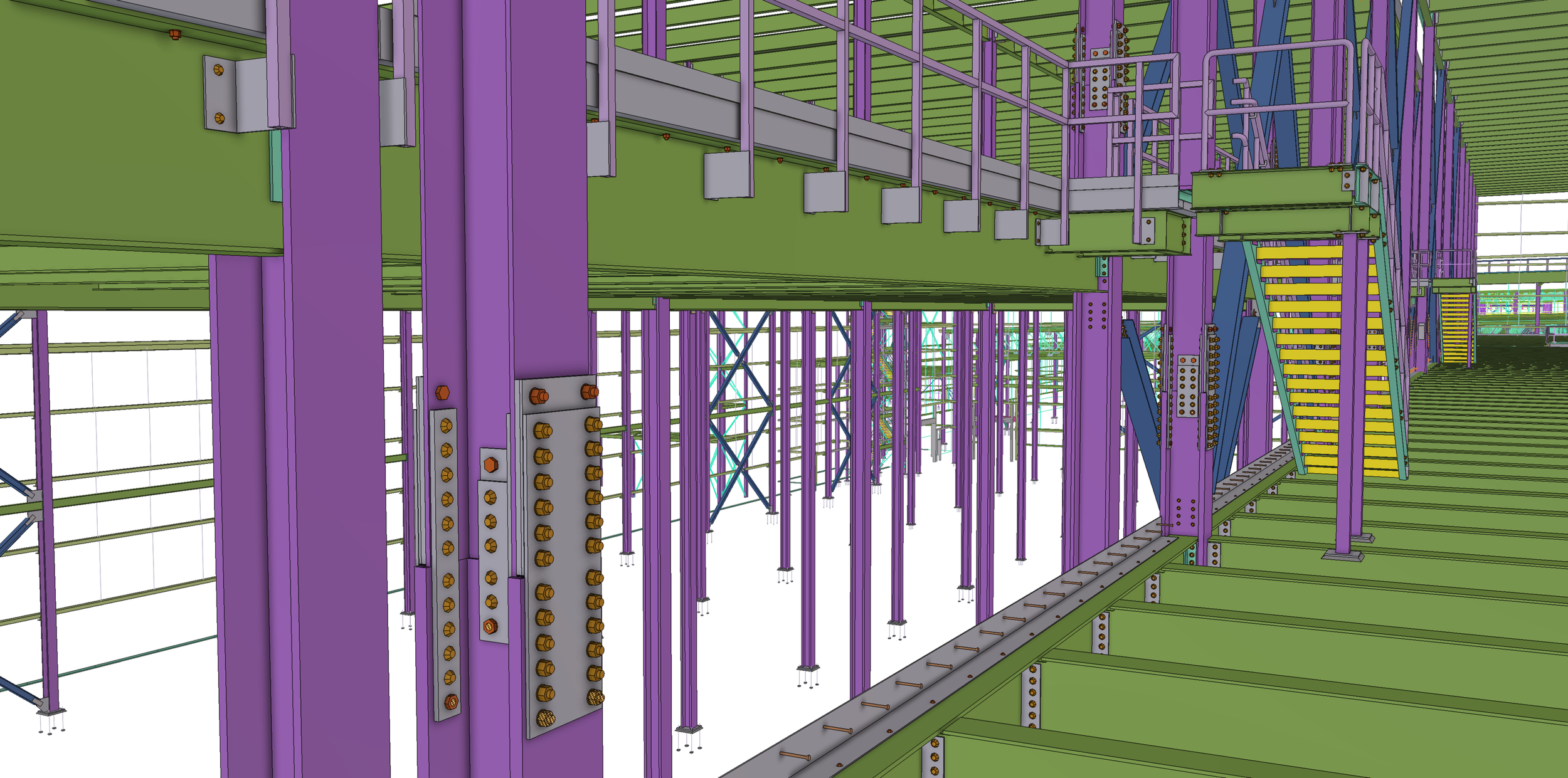 Structural steel framework of a building in construction, featuring purple, green, and blue components, with staircases and support beams.