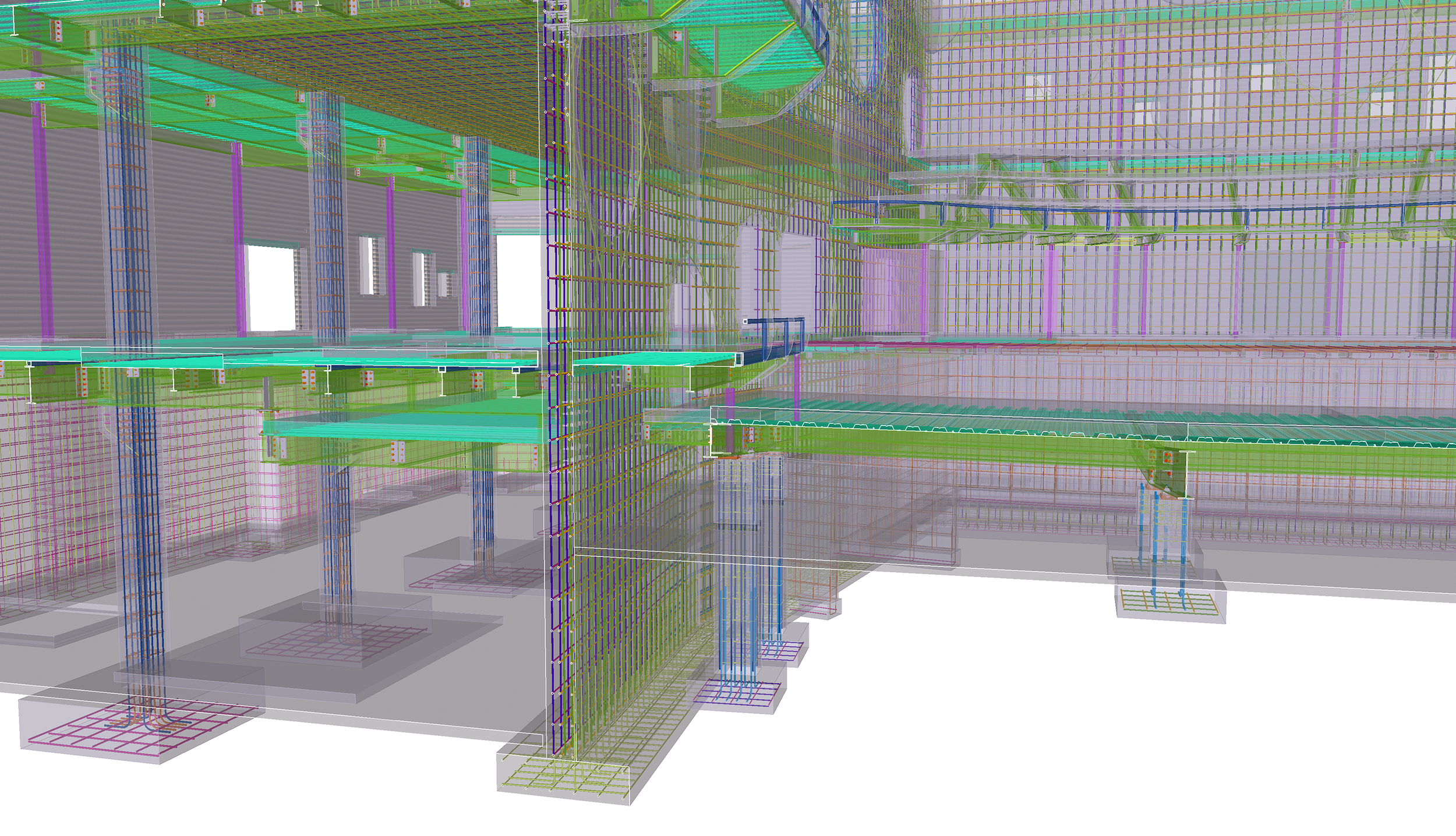 Building design with multicolored structural framework, including beams, columns, and support elements, viewed in a 3D architectural model.