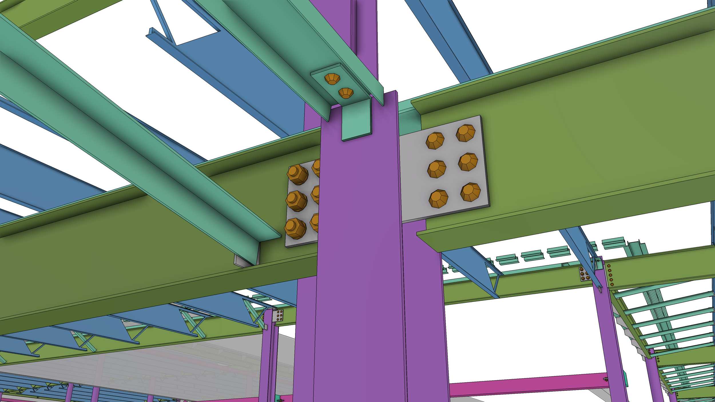 Colorful CAD drawing of a steel structure with purple, green, blue, and gray beams and plates, bolted together with orange fasteners.