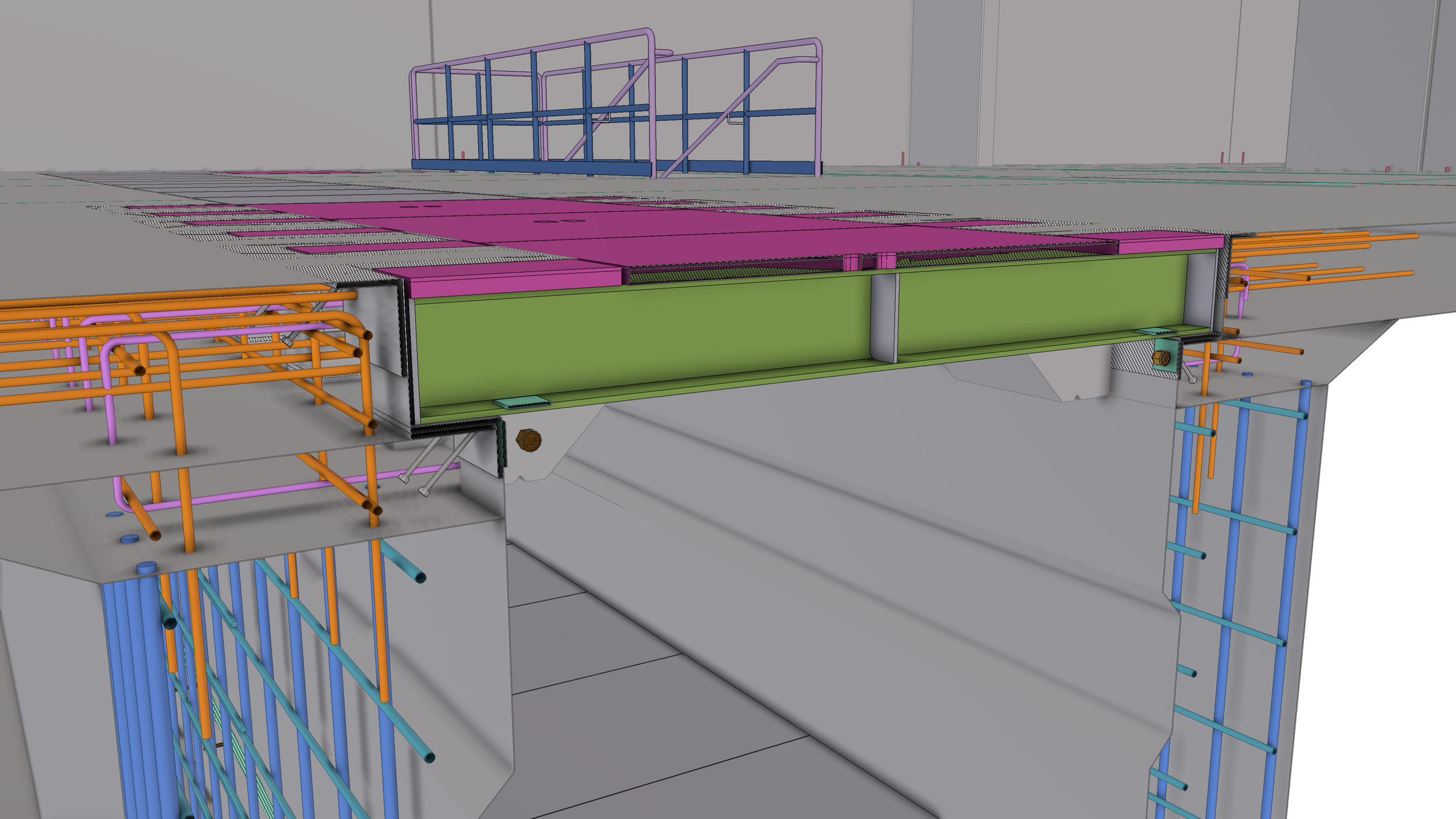 A computer-generated 3D model of a building's structural framework showing steel beams, pipes, and supports in various colors on different levels, with a clear view of the foundation and upper structure.