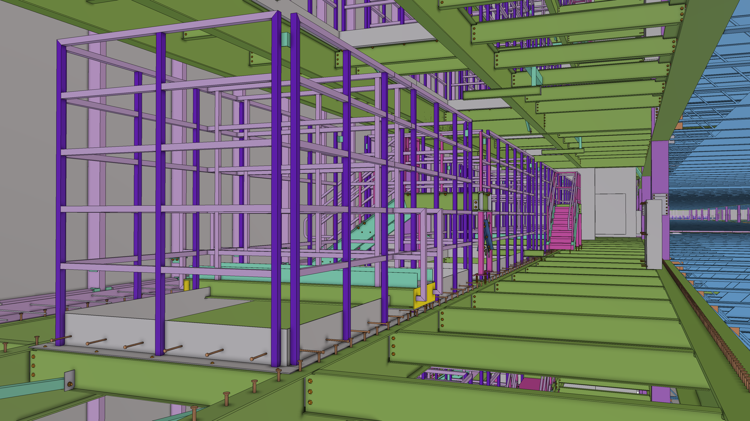 Detailed 3D model of a building's structural framework with purple, green, and teal steel beams and supports, showing multiple levels and construction elements.