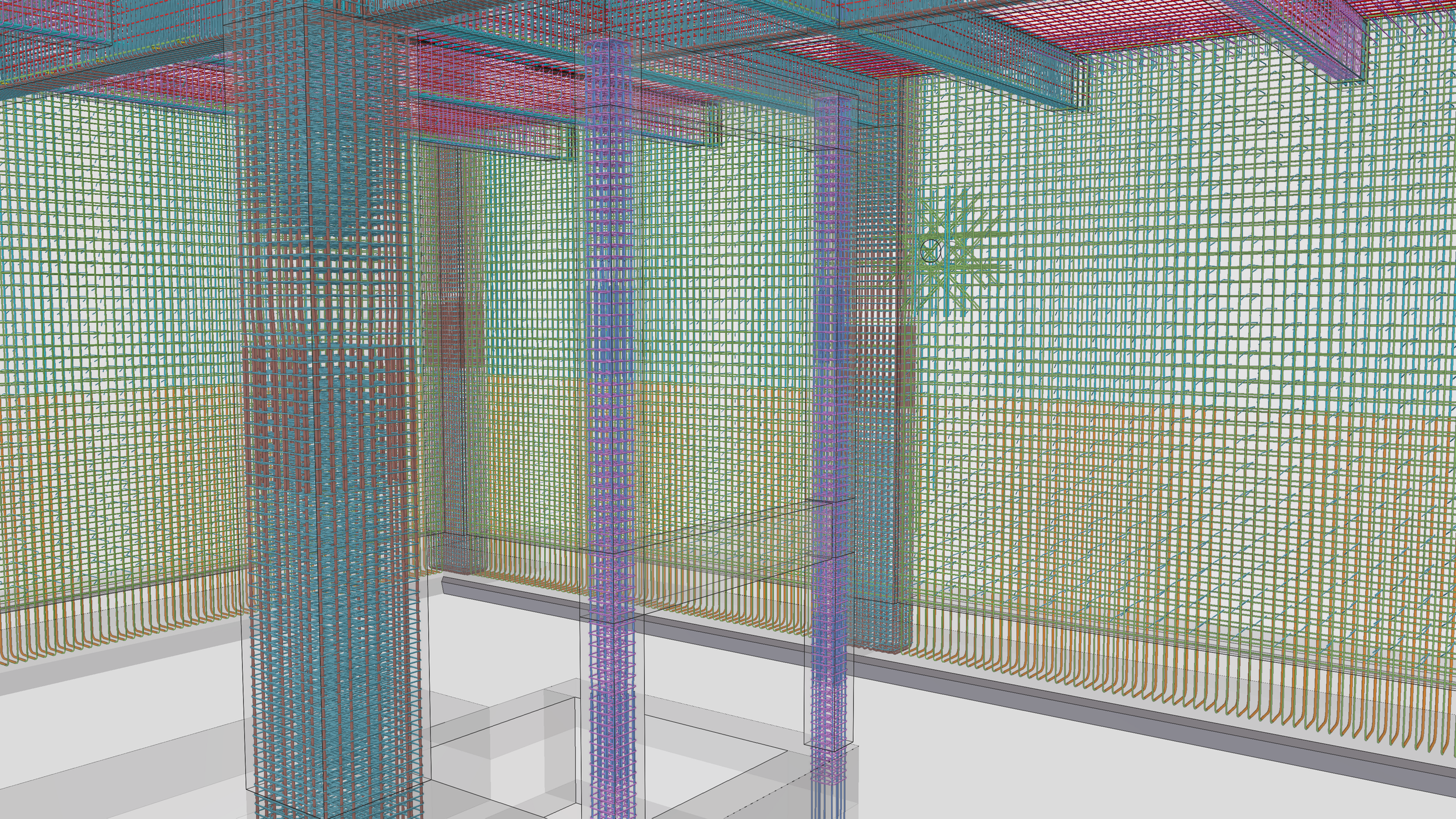 Interior of a building under construction shown with a detailed 3D structural wireframe model in various colors, depicting support beams, columns, and framework.