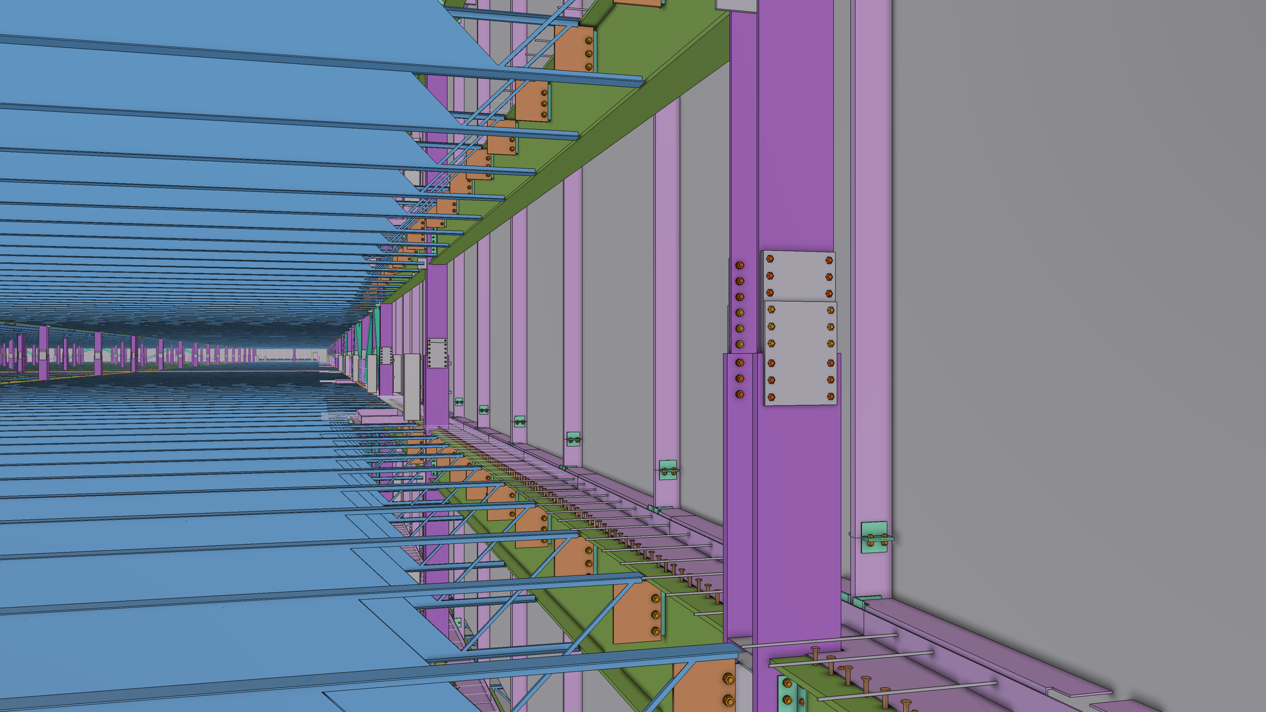 Colorful digital illustration of a construction or engineering model showing structural components like beams and supports in purple, green, orange, and blue with a complex arrangement of metal brackets and bolts.