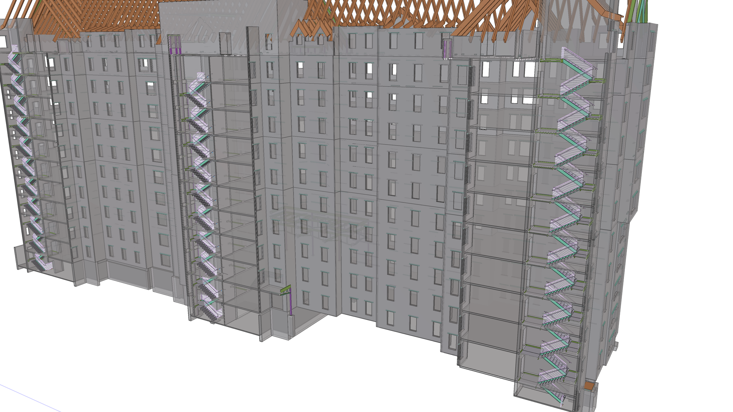 3D architectural rendering of a multi-story building with exterior staircases on both sides, featuring multiple windows and a pitched roof under construction.