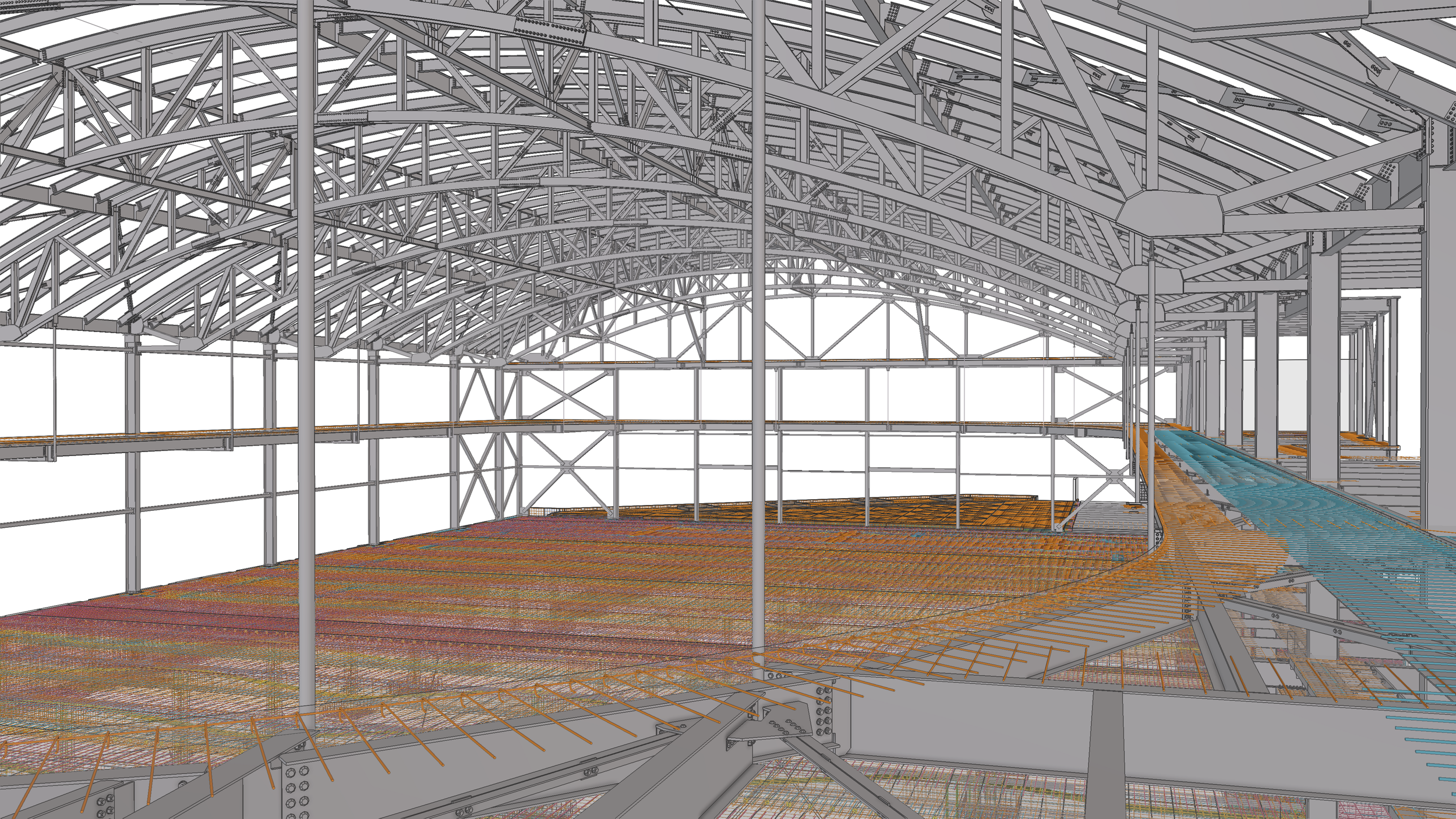 A digital 3D rendering of a large indoor space under construction featuring a metal roof structure with intricate trusses and beams. The floor shows a grid of support lines and a swimming pool on one side.
