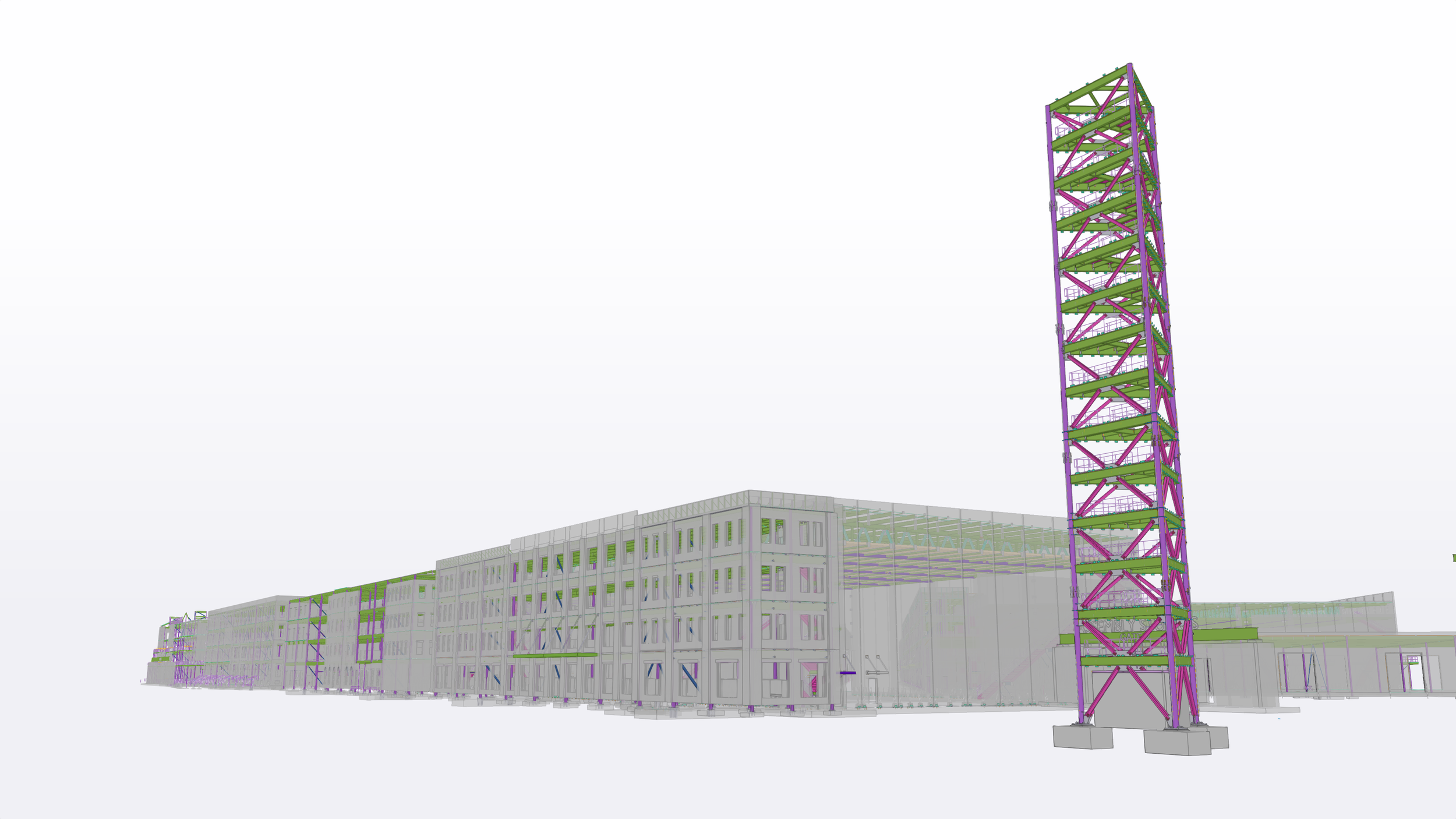 Architectural drawing of a building with a purple and green tower structure attached to the side.