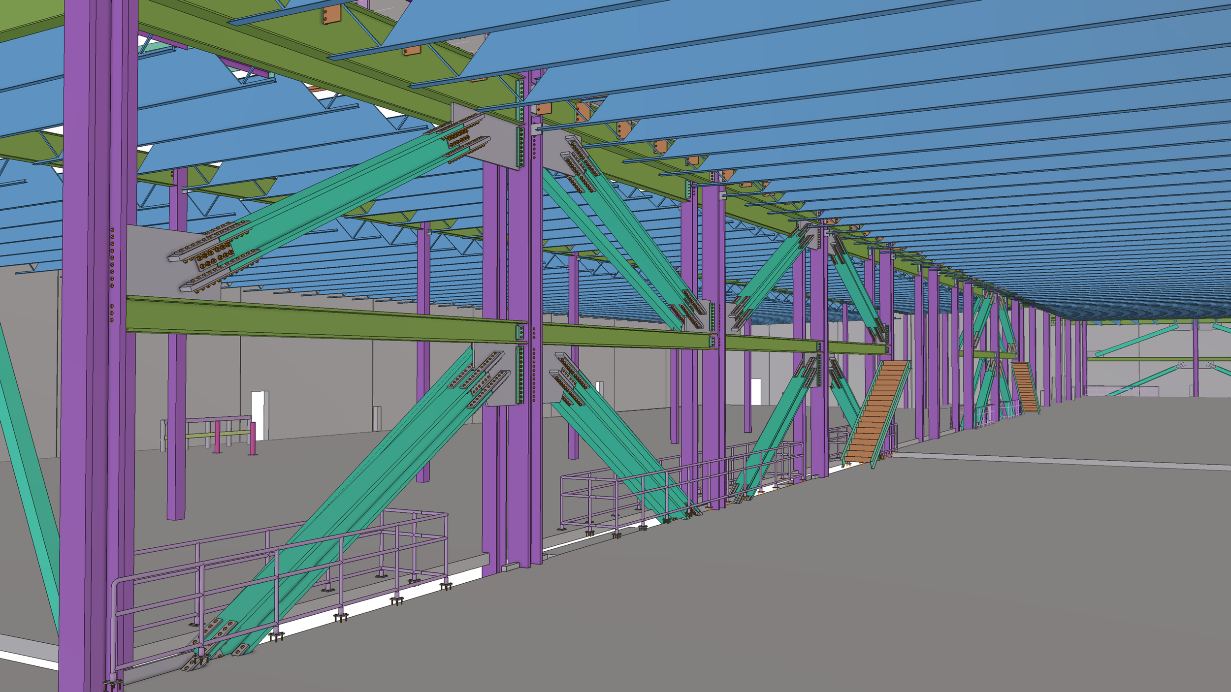 A digital architectural rendering of an industrial building under construction, featuring steel beams in purple and green, with stairs and safety railings.