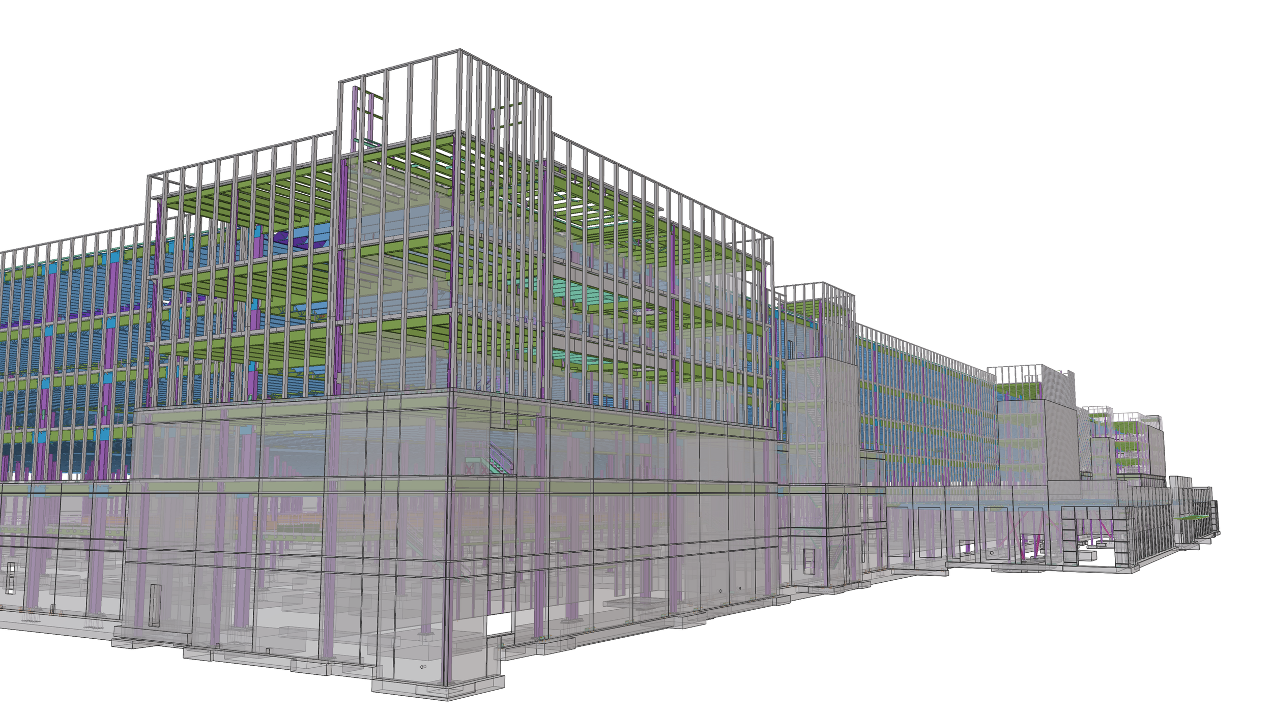 A detailed architectural drawing of a multilevel building with exposed framework, green floors, and purple and blue structural elements.